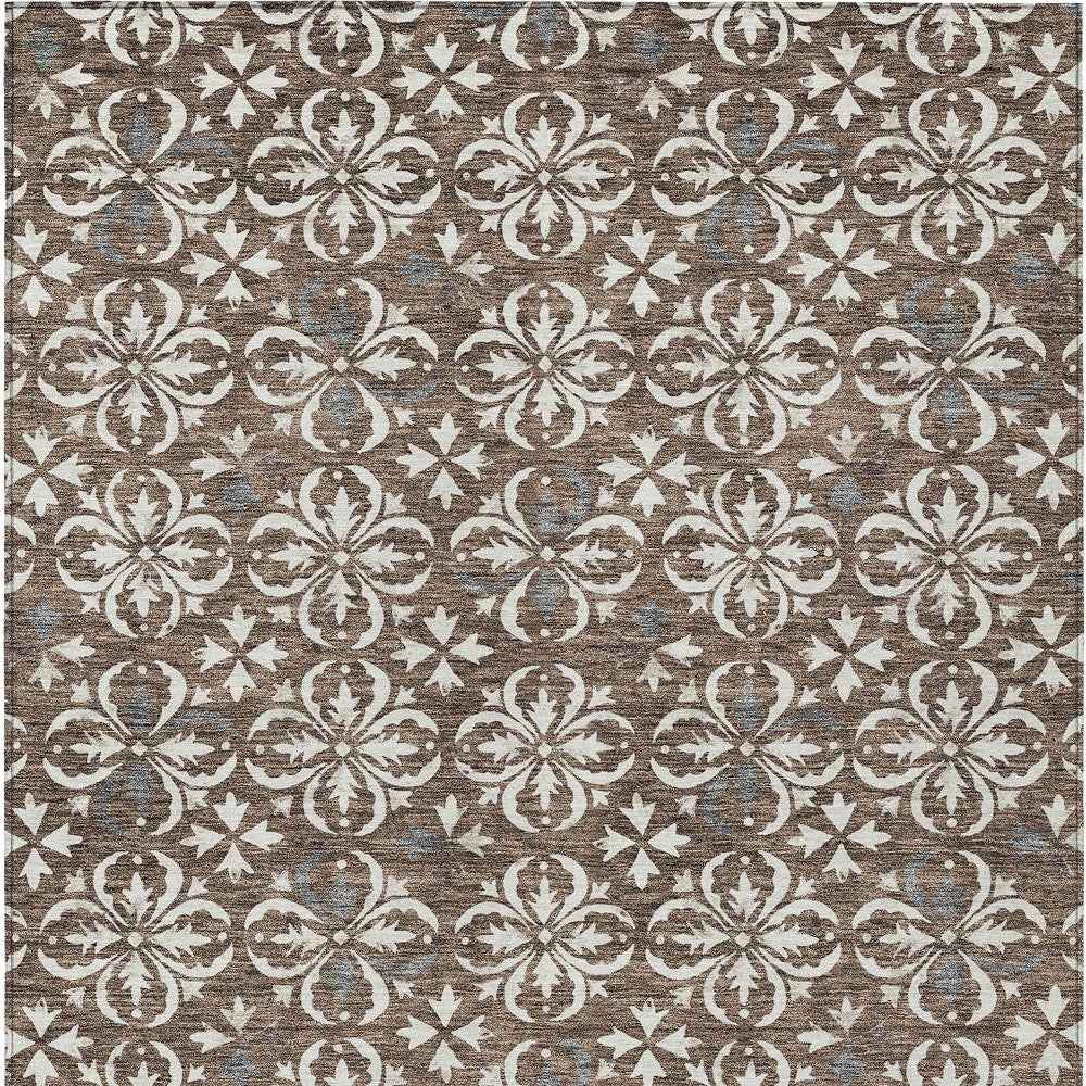 9' X 12' Brown Gray And Beige Floral Washable Indoor Outdoor Area Rug