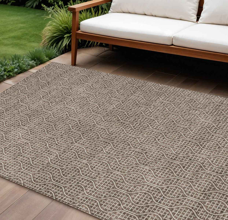8' X 10' Brown And Beige Geometric Washable Indoor Outdoor Area Rug