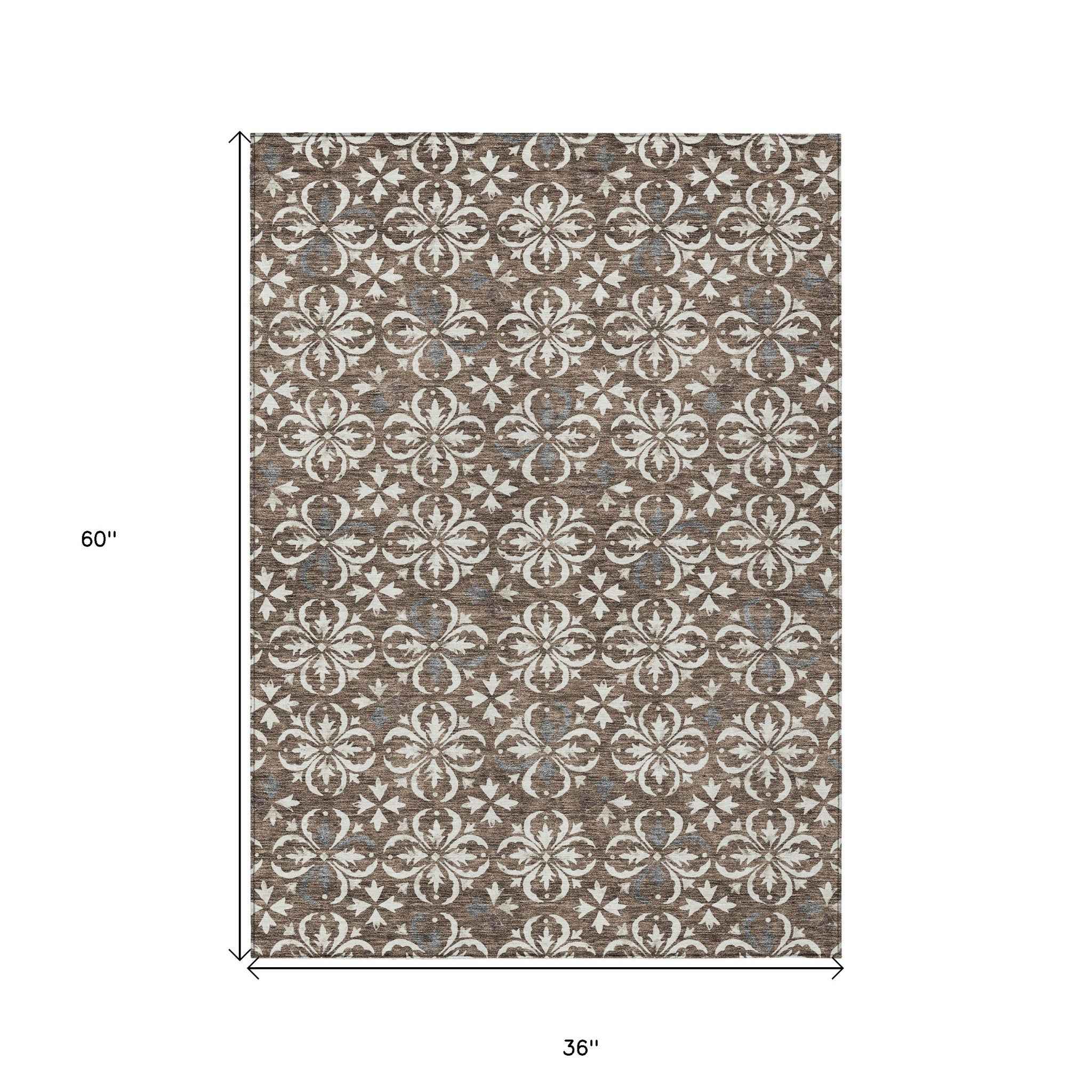 3' X 5' Brown Gray And Beige Floral Washable Indoor Outdoor Area Rug