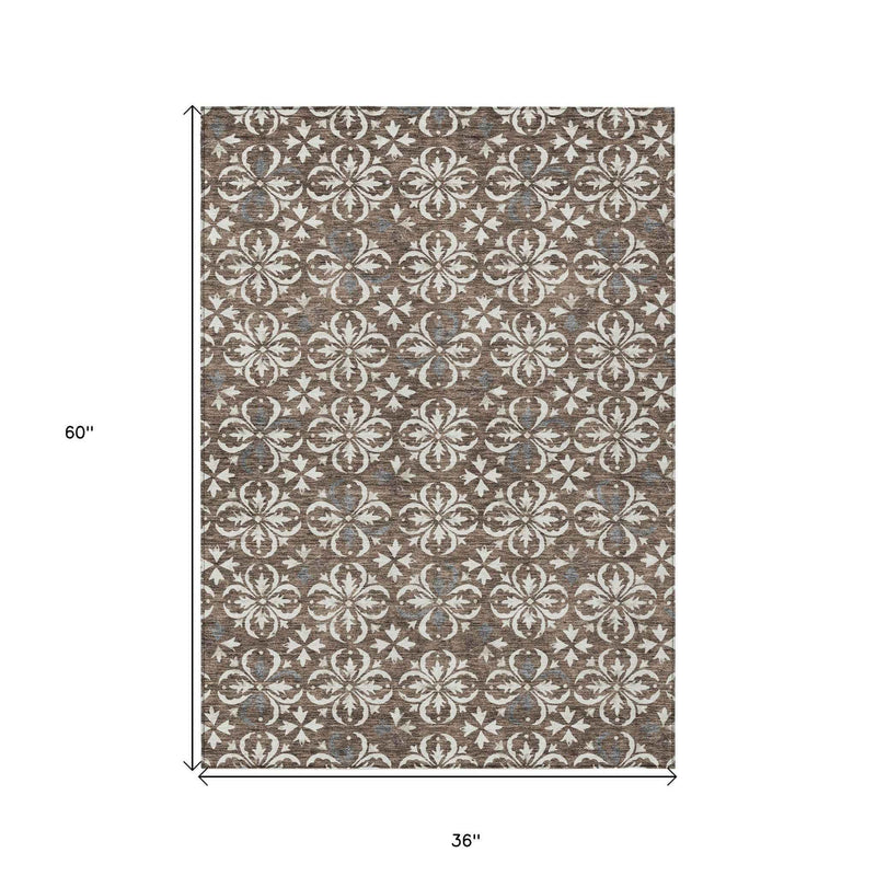 3' X 5' Brown Gray And Beige Floral Washable Indoor Outdoor Area Rug