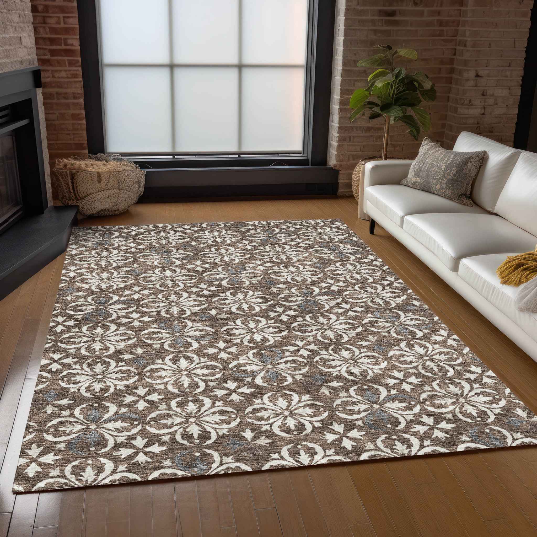 3' X 5' Brown Gray And Beige Floral Washable Indoor Outdoor Area Rug