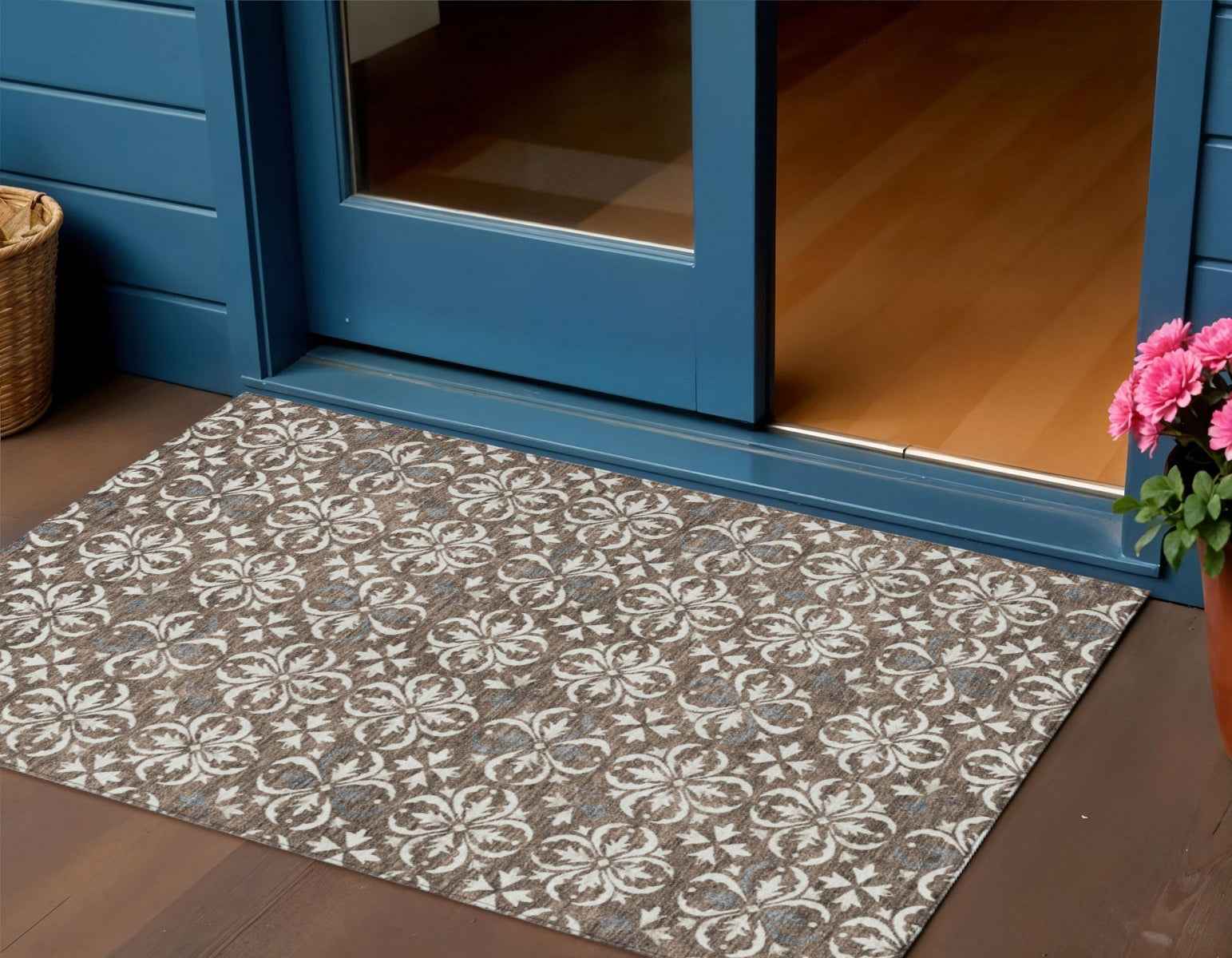 3' X 5' Brown Gray And Beige Floral Washable Indoor Outdoor Area Rug