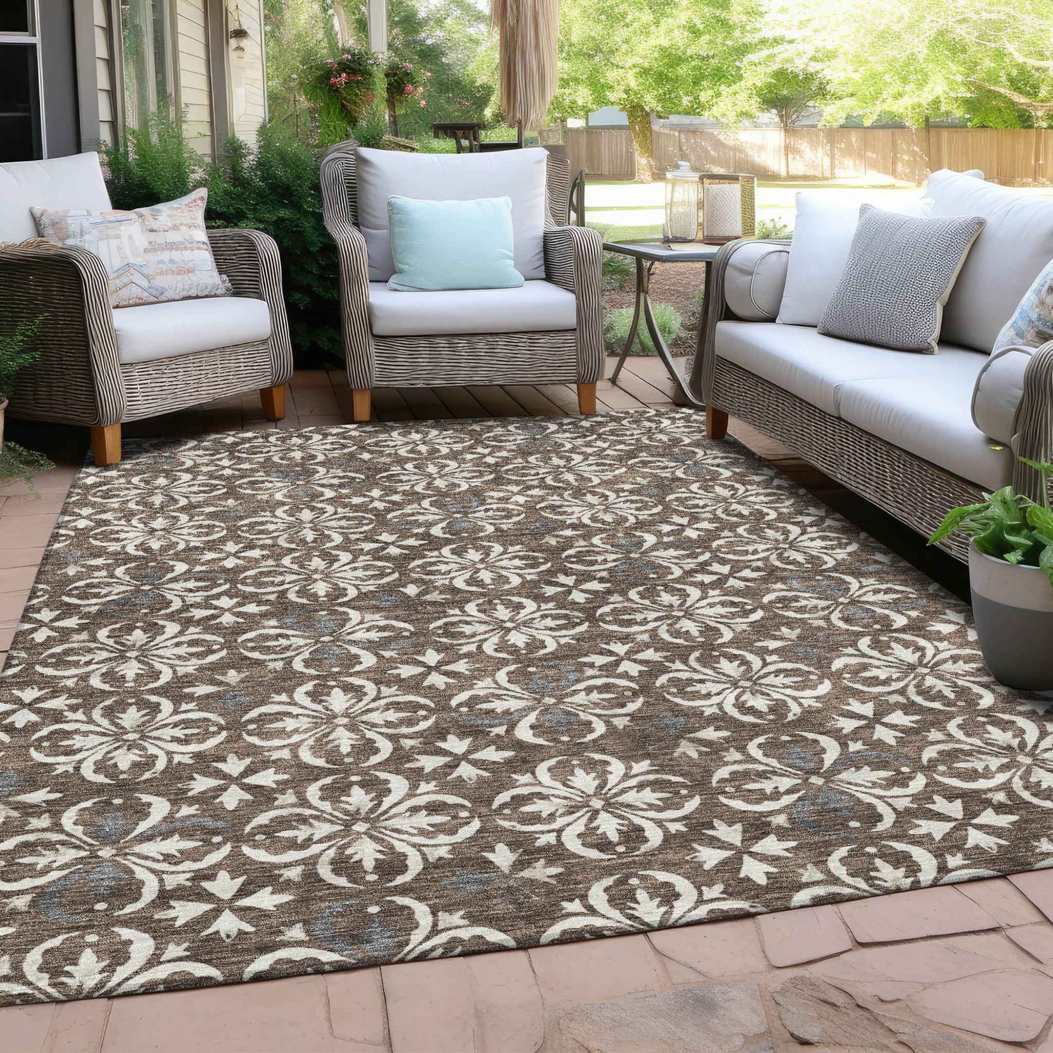 3' X 5' Brown Gray And Beige Floral Washable Indoor Outdoor Area Rug