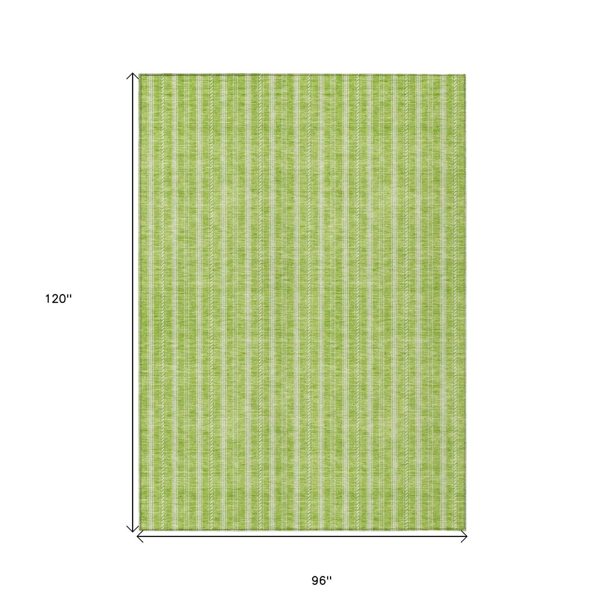 8' X 10' Lime Green And Ivory Striped Washable Indoor Outdoor Area Rug