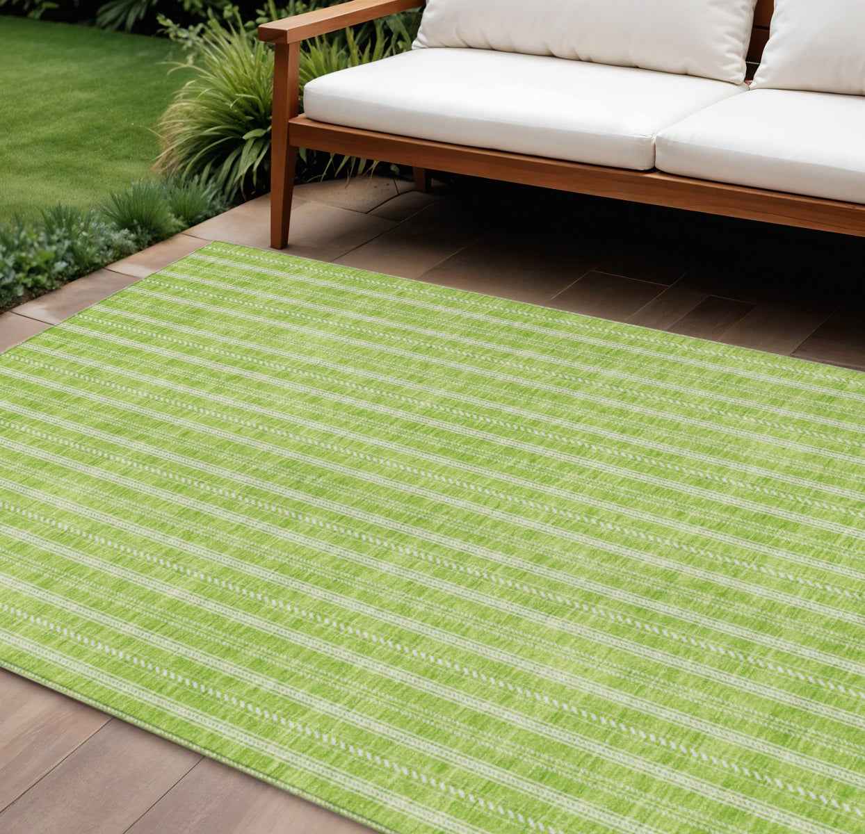 8' X 10' Lime Green And Ivory Striped Washable Indoor Outdoor Area Rug