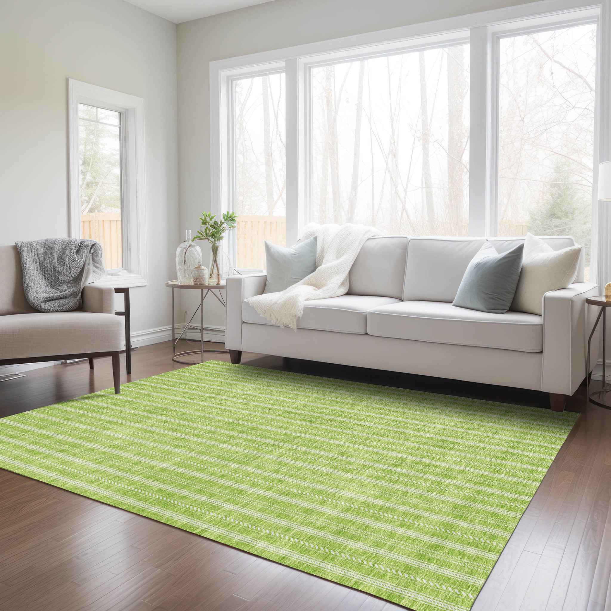 8' X 10' Lime Green And Ivory Striped Washable Indoor Outdoor Area Rug