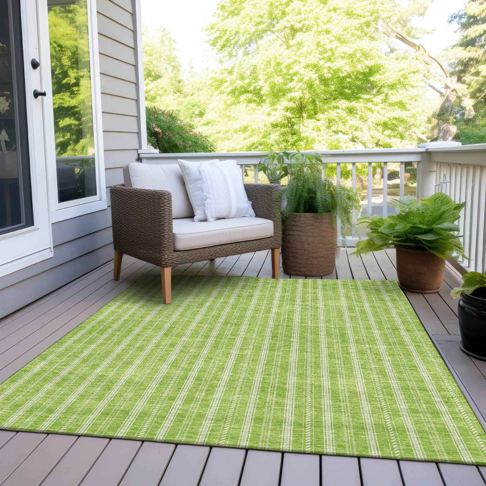 8' X 10' Lime Green And Ivory Striped Washable Indoor Outdoor Area Rug