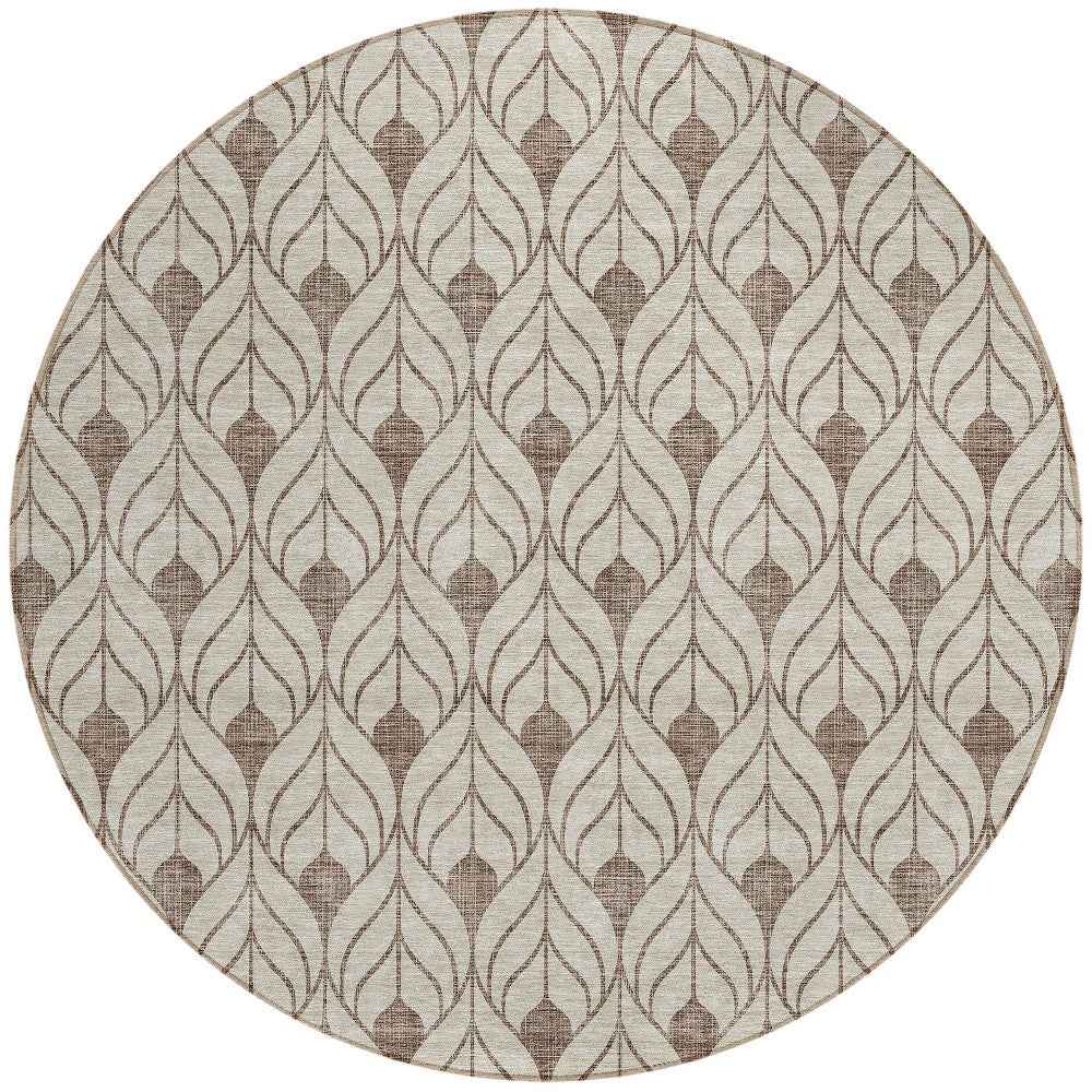 8' Brown And Beige Round Geometric Washable Indoor Outdoor Area Rug