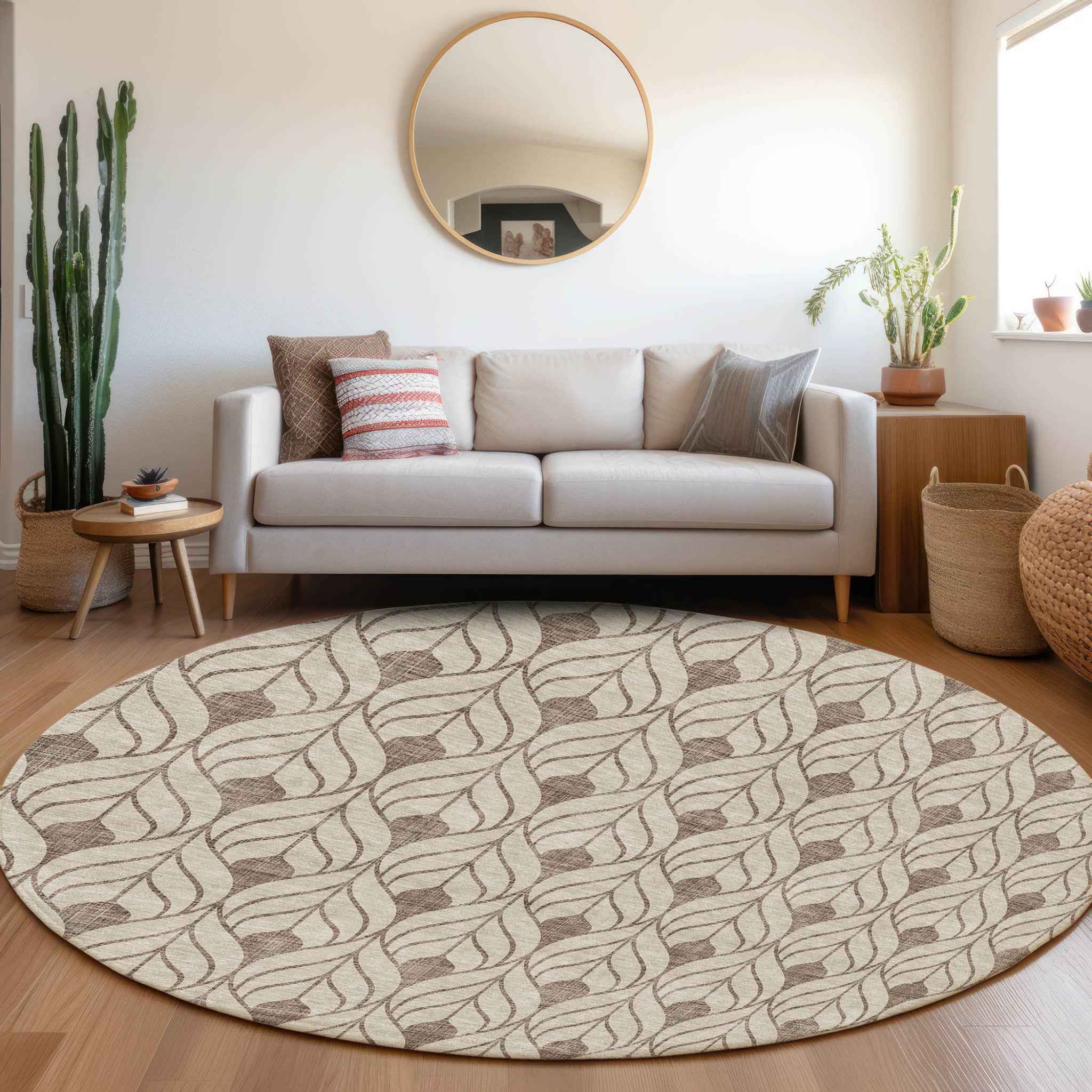 8' Brown And Beige Round Geometric Washable Indoor Outdoor Area Rug