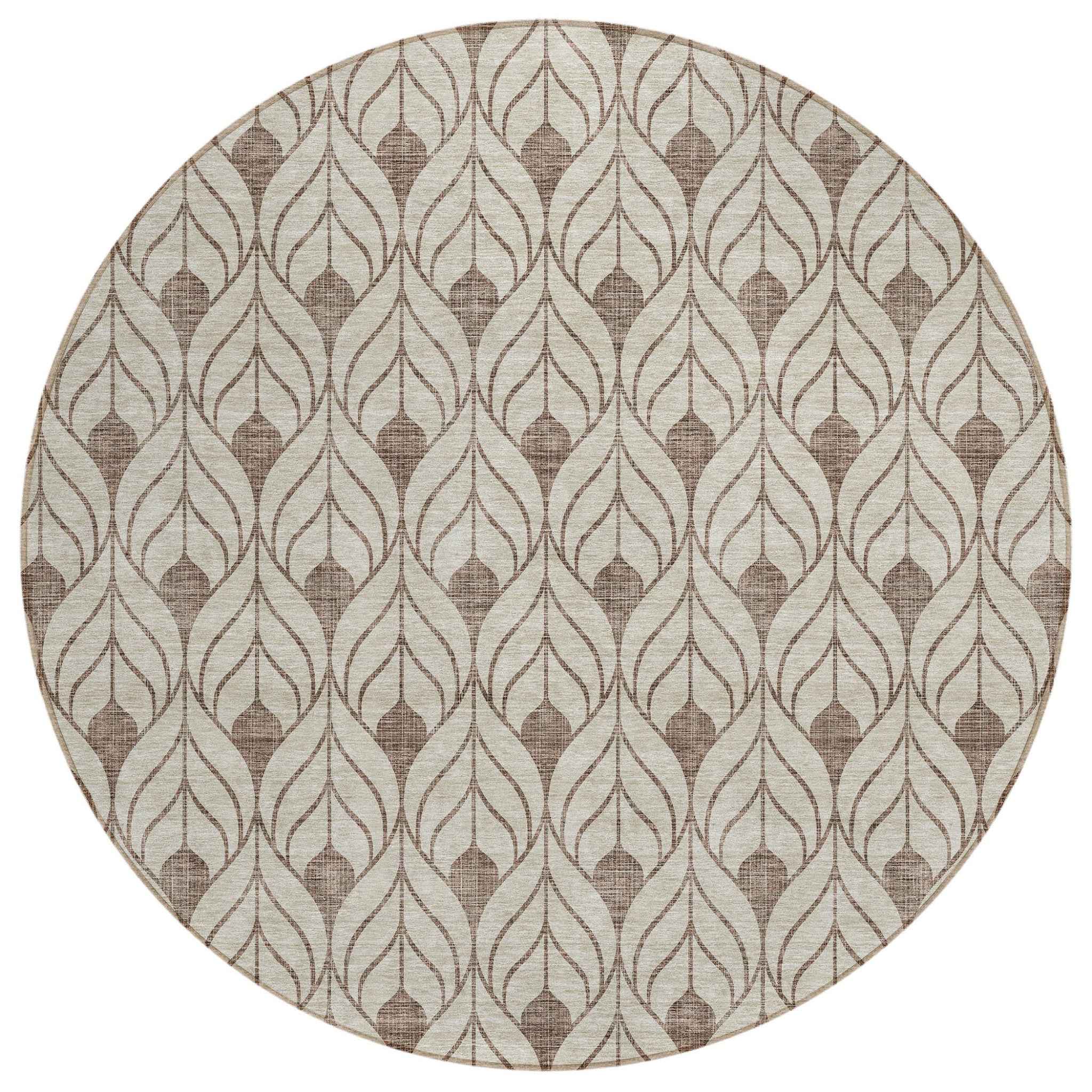 8' Brown And Beige Round Geometric Washable Indoor Outdoor Area Rug