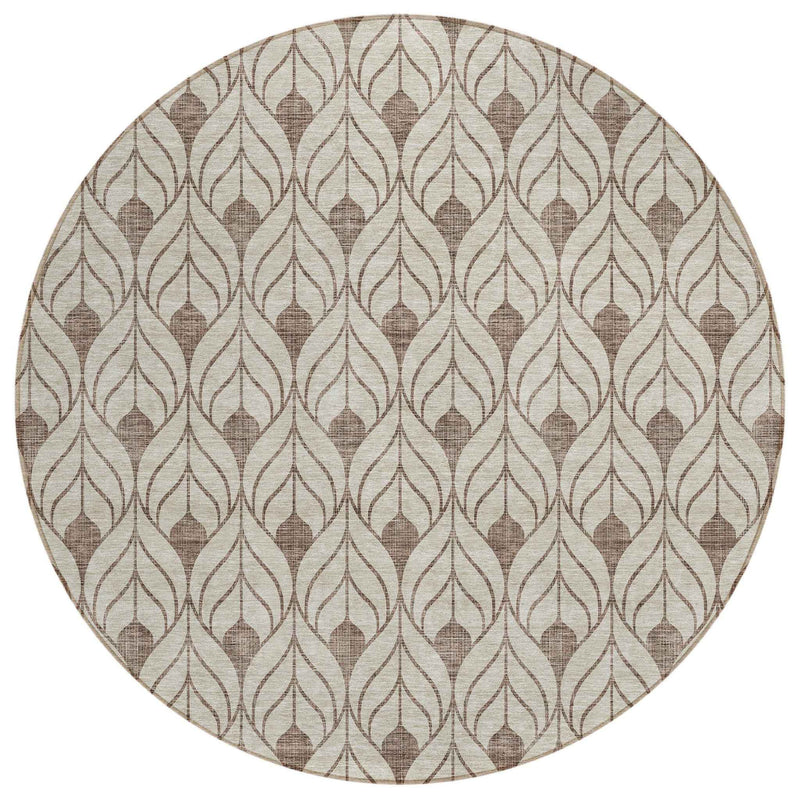 8' Brown And Beige Round Geometric Washable Indoor Outdoor Area Rug