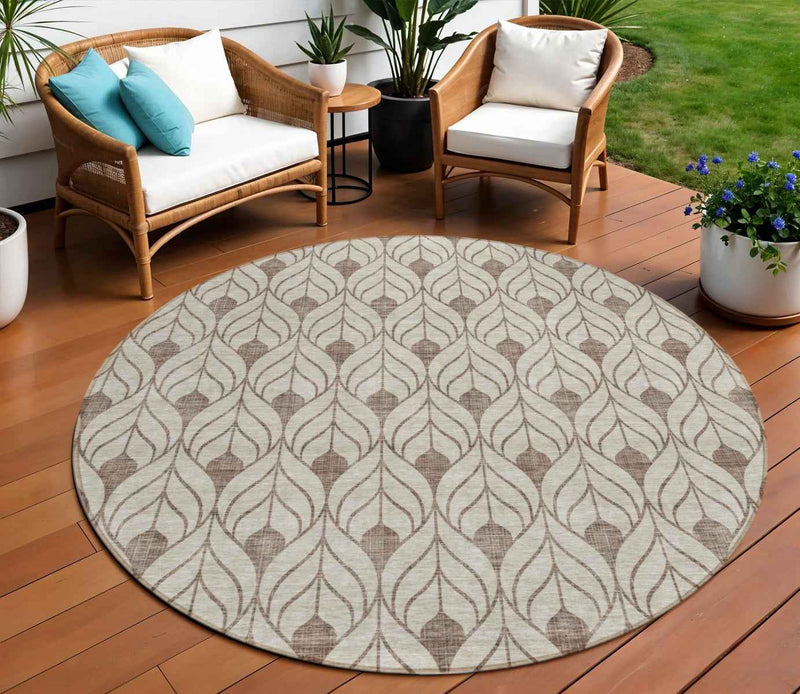 8' Brown And Beige Round Geometric Washable Indoor Outdoor Area Rug