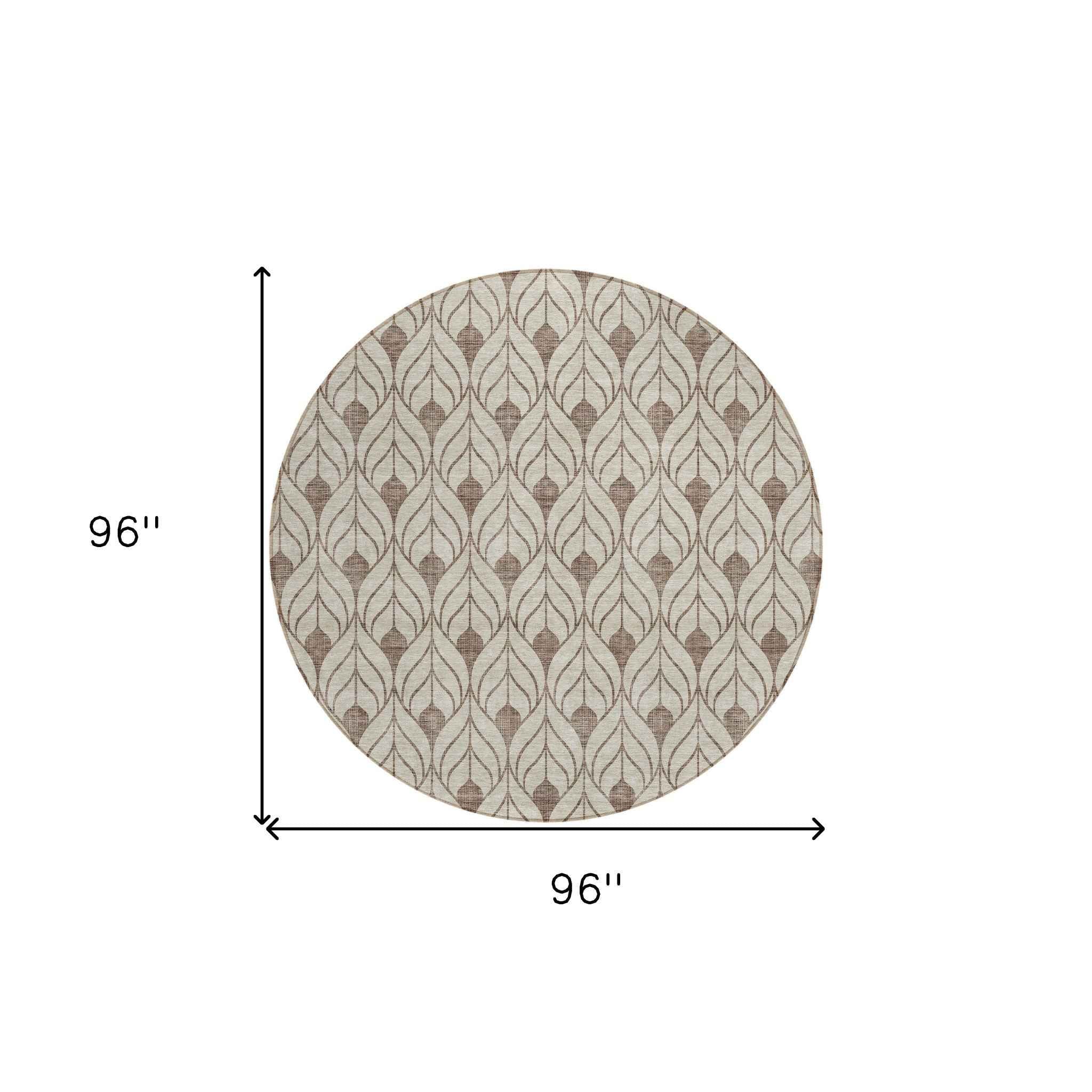 8' Brown And Beige Round Geometric Washable Indoor Outdoor Area Rug