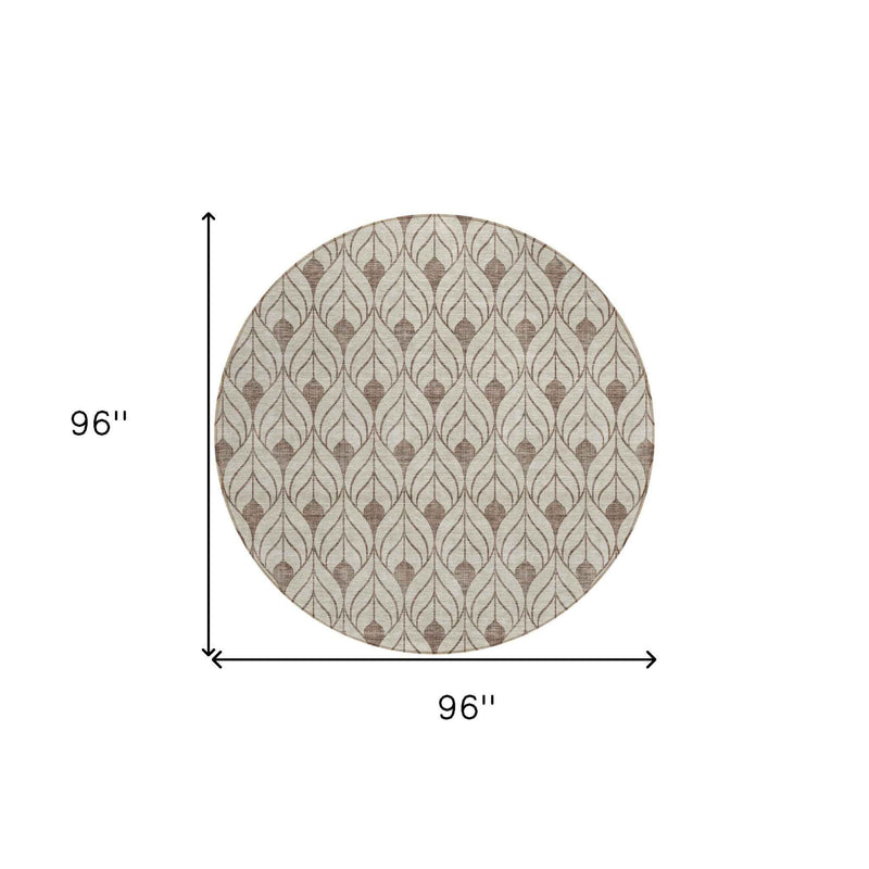 8' Brown And Beige Round Geometric Washable Indoor Outdoor Area Rug