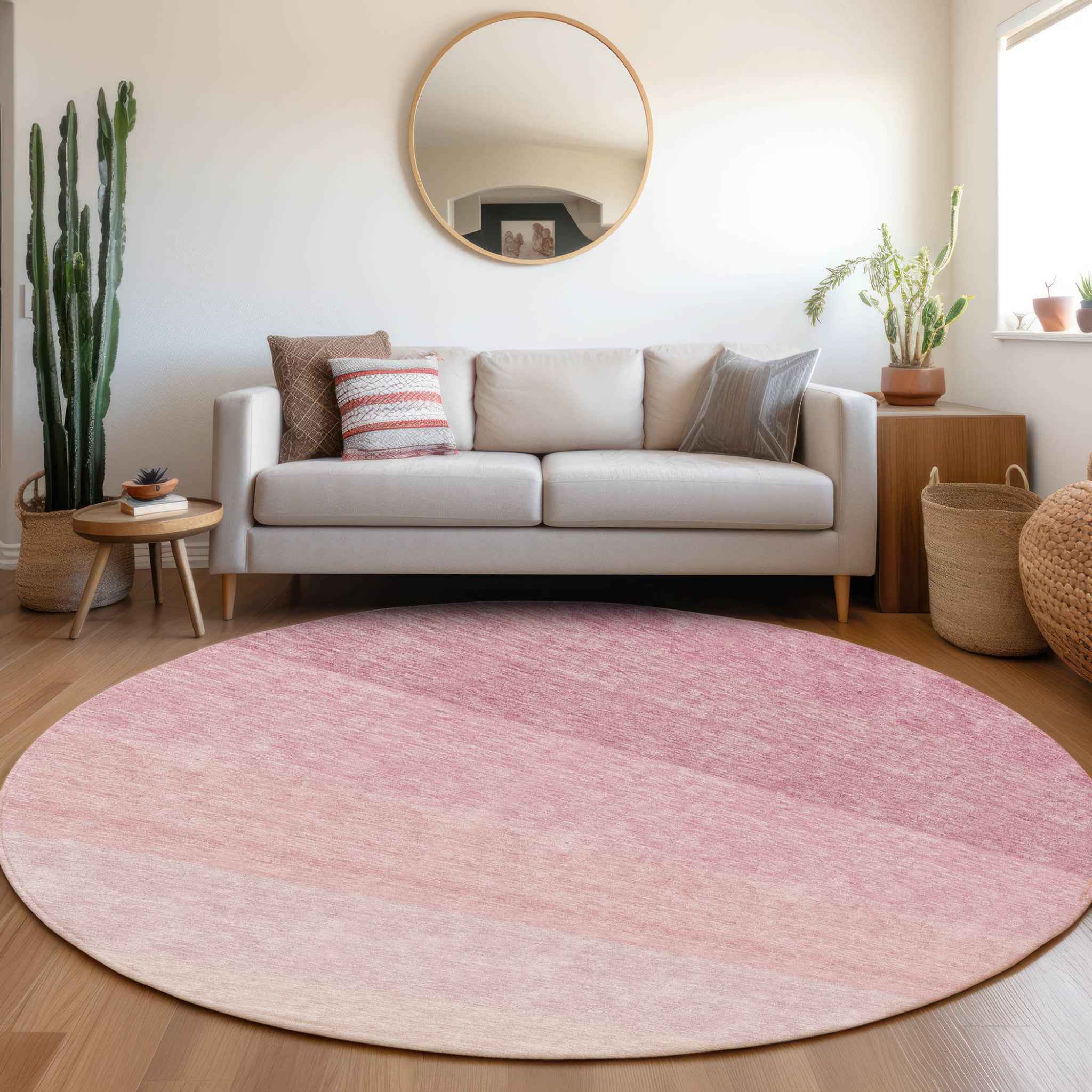 8' Pink And Ivory Round Ombre Washable Indoor Outdoor Area Rug