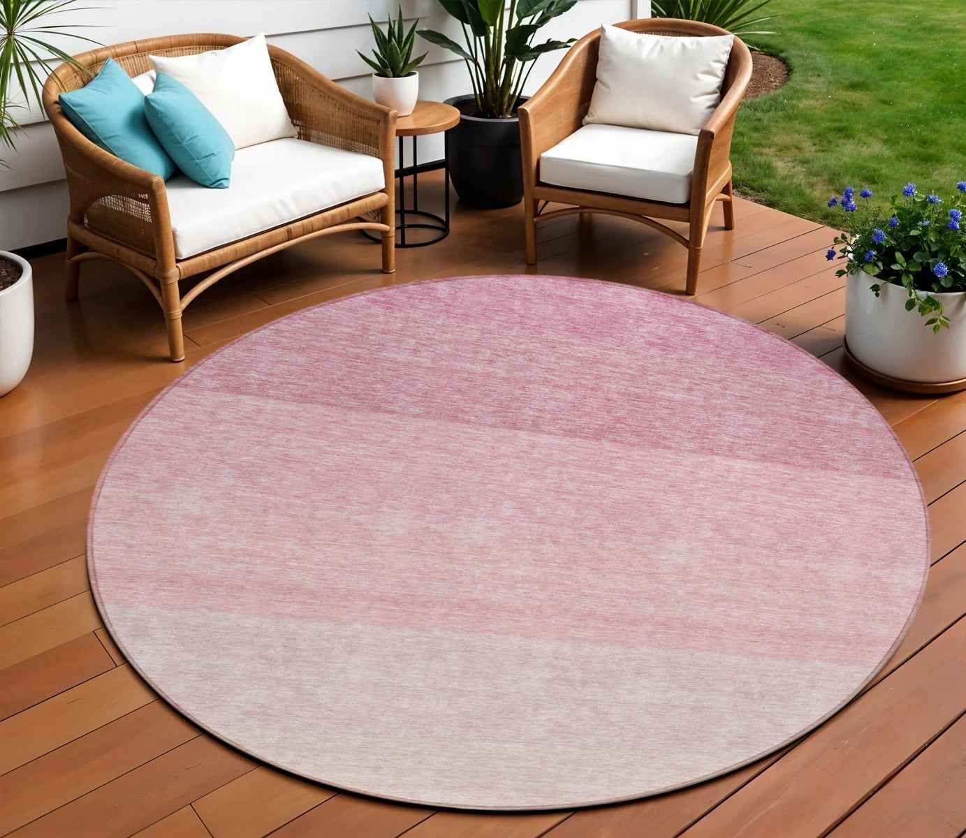 8' Pink And Ivory Round Ombre Washable Indoor Outdoor Area Rug