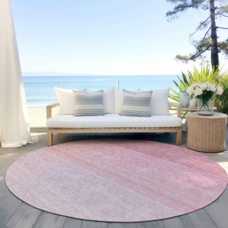 8' Pink And Ivory Round Ombre Washable Indoor Outdoor Area Rug