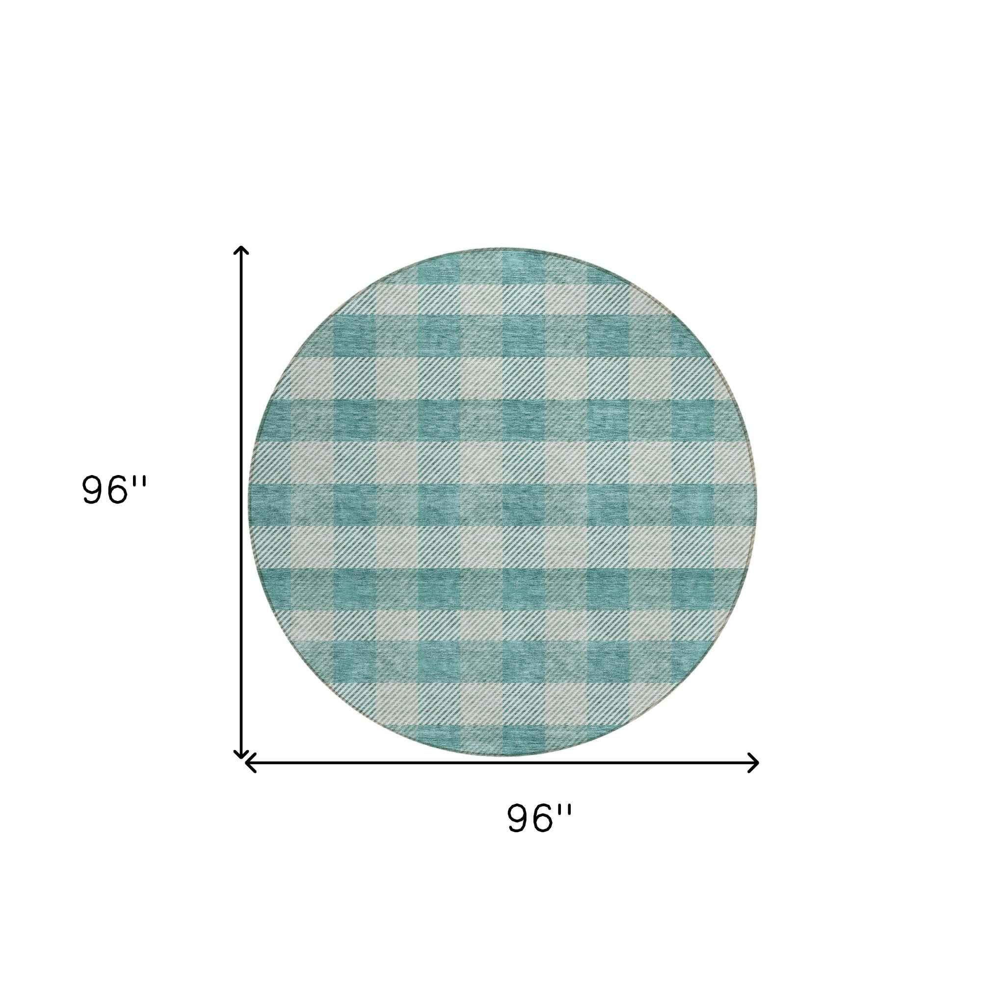 8' Teal Blue And Ivory Round Plaid Washable Indoor Outdoor Area Rug