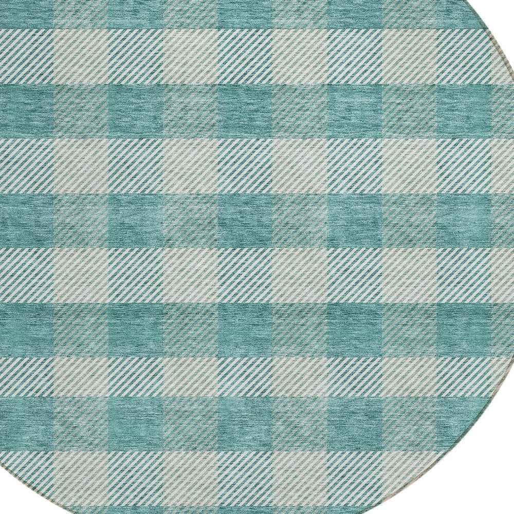 8' Teal Blue And Ivory Round Plaid Washable Indoor Outdoor Area Rug