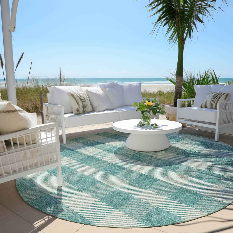 8' Teal Blue And Ivory Round Plaid Washable Indoor Outdoor Area Rug
