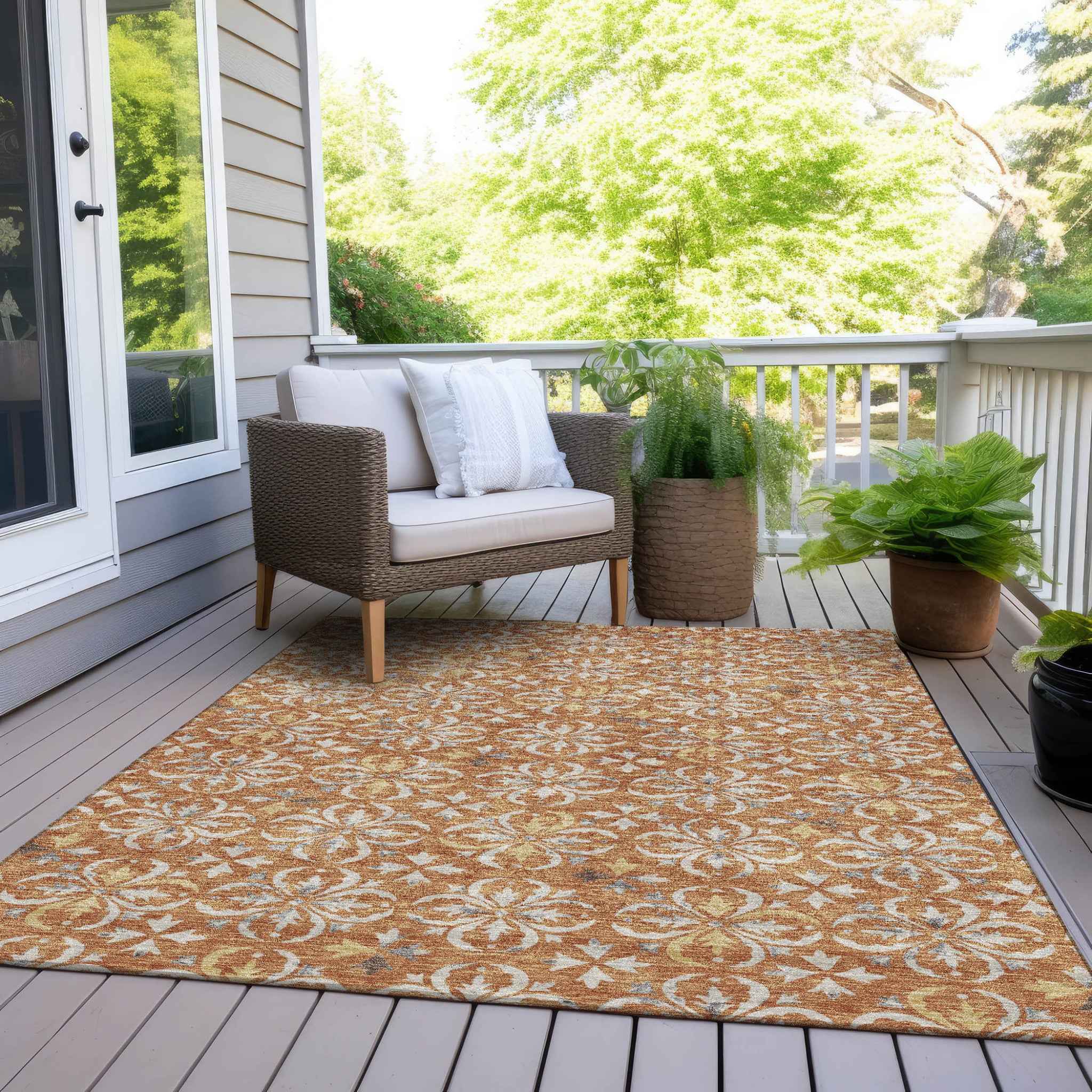 8' X 10' Copper Gray And Beige Floral Washable Indoor Outdoor Area Rug