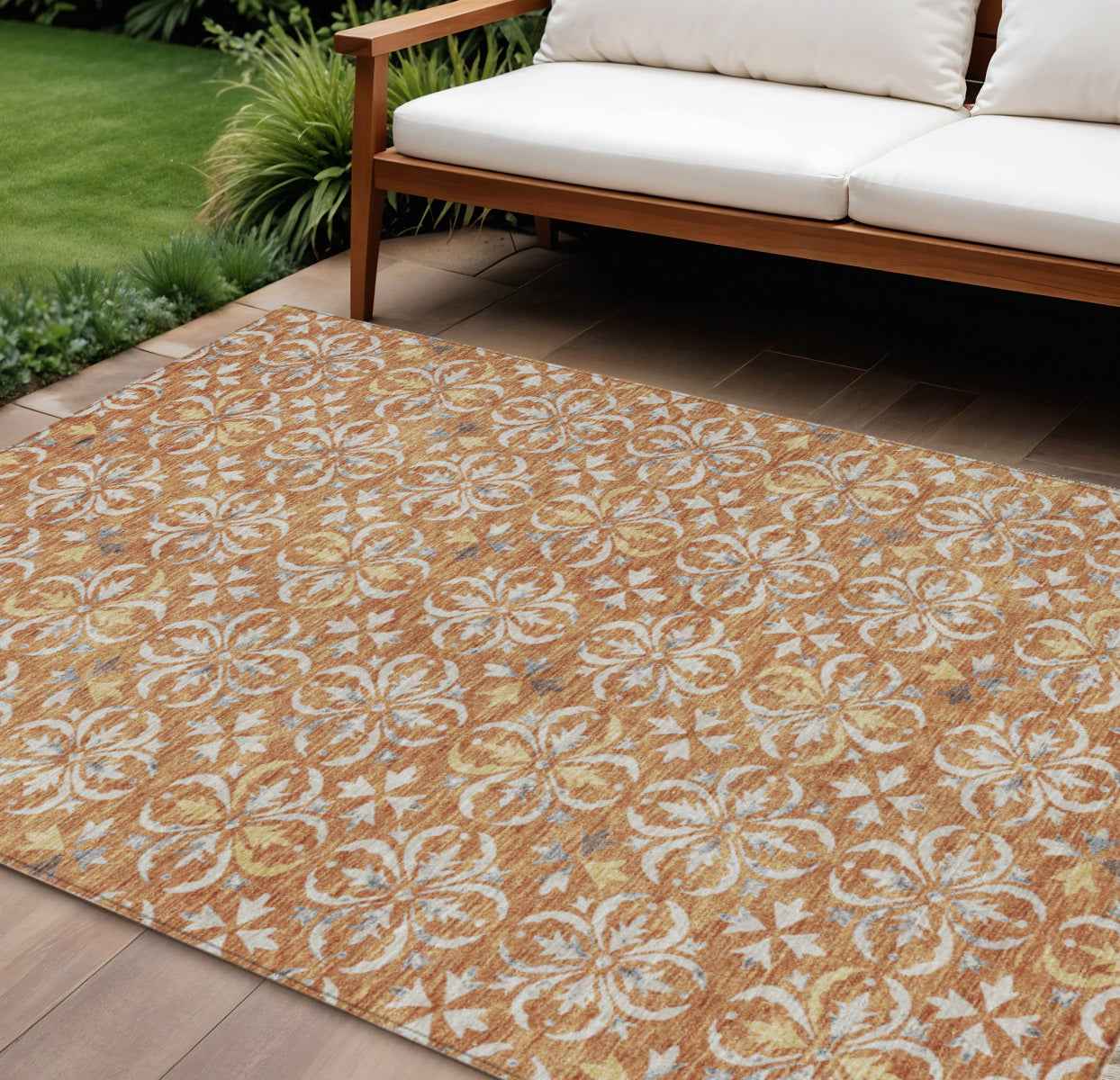8' X 10' Copper Gray And Beige Floral Washable Indoor Outdoor Area Rug