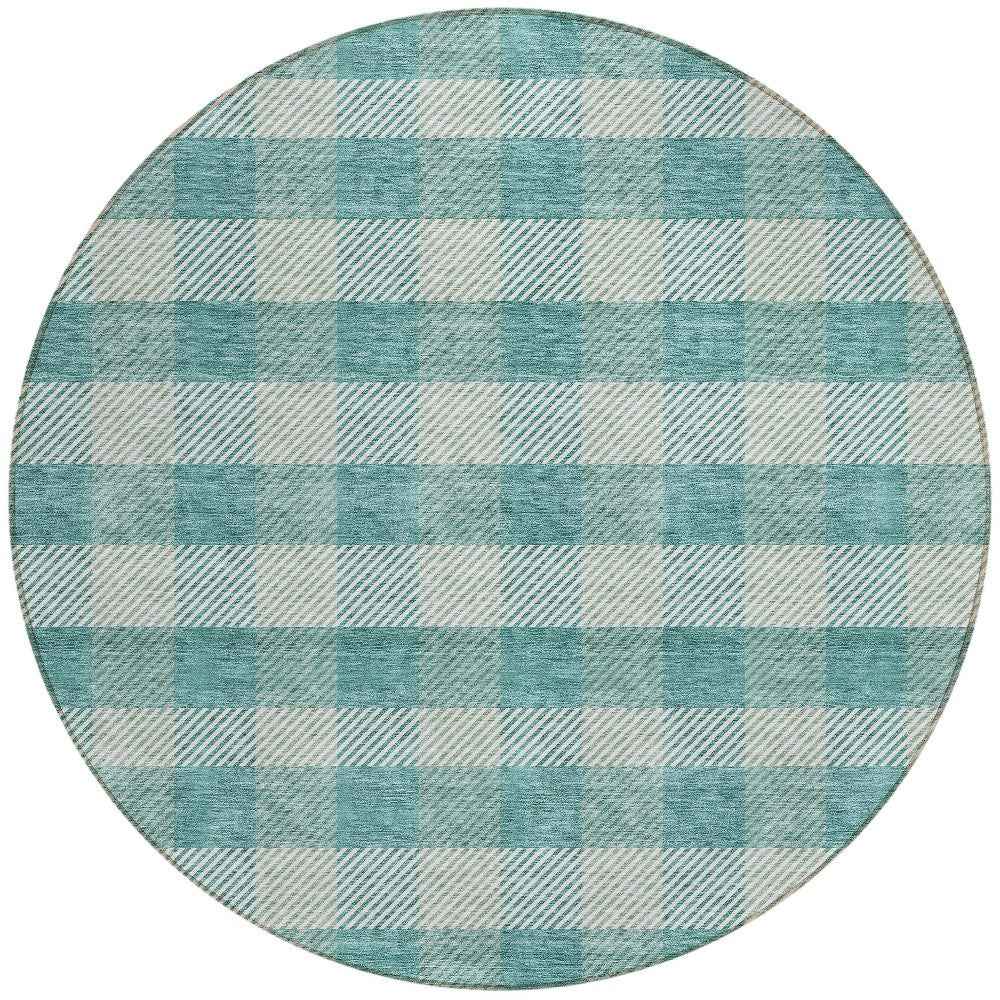 8' Teal Blue And Ivory Round Plaid Washable Indoor Outdoor Area Rug