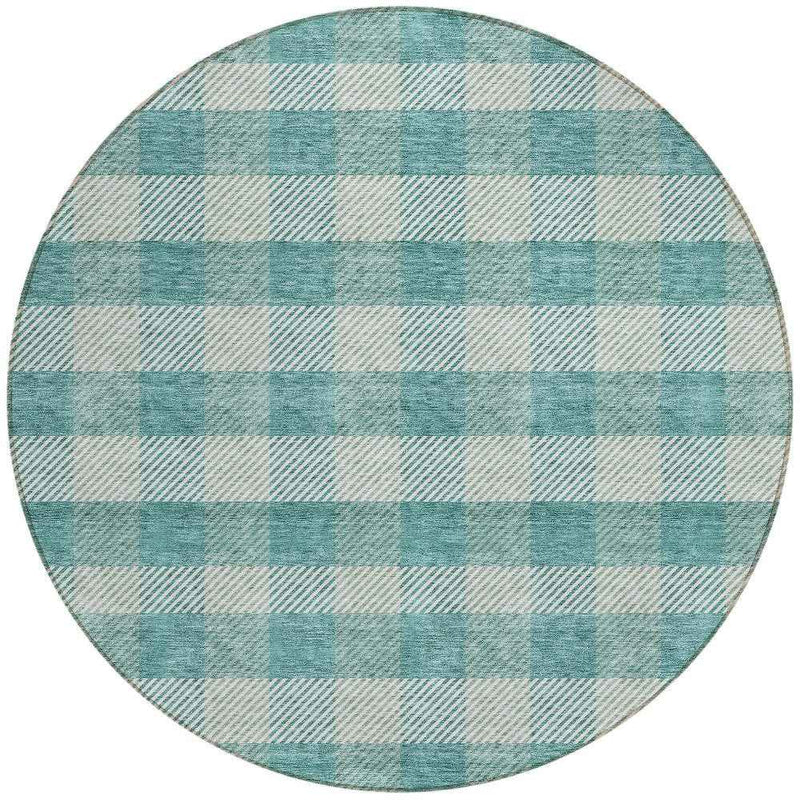 8' Teal Blue And Ivory Round Plaid Washable Indoor Outdoor Area Rug