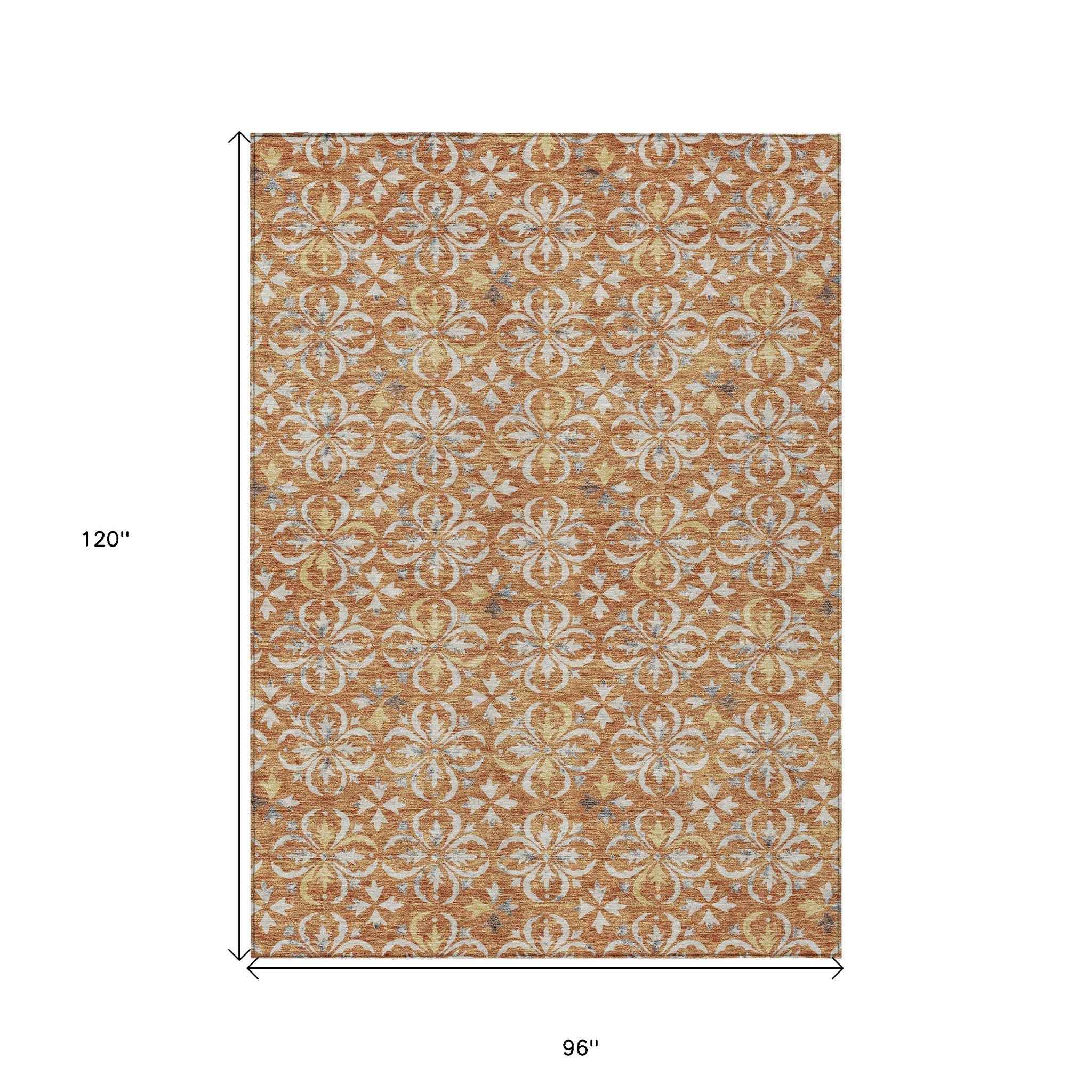 8' X 10' Copper Gray And Beige Floral Washable Indoor Outdoor Area Rug