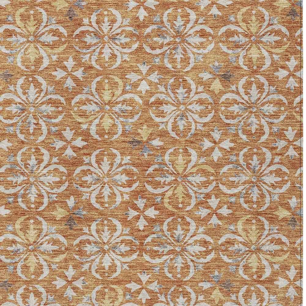 8' X 10' Copper Gray And Beige Floral Washable Indoor Outdoor Area Rug