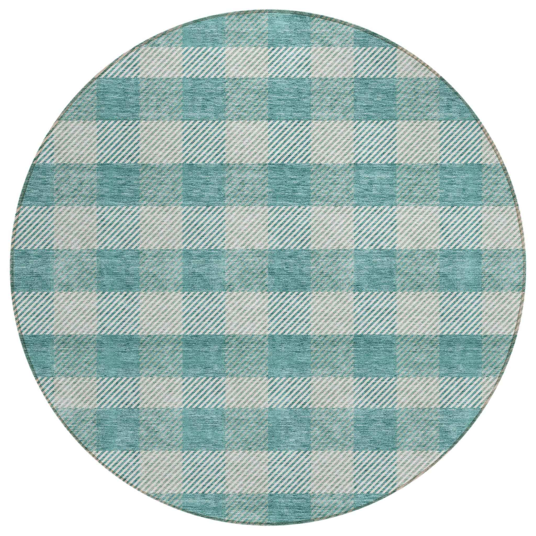 8' Teal Blue And Ivory Round Plaid Washable Indoor Outdoor Area Rug