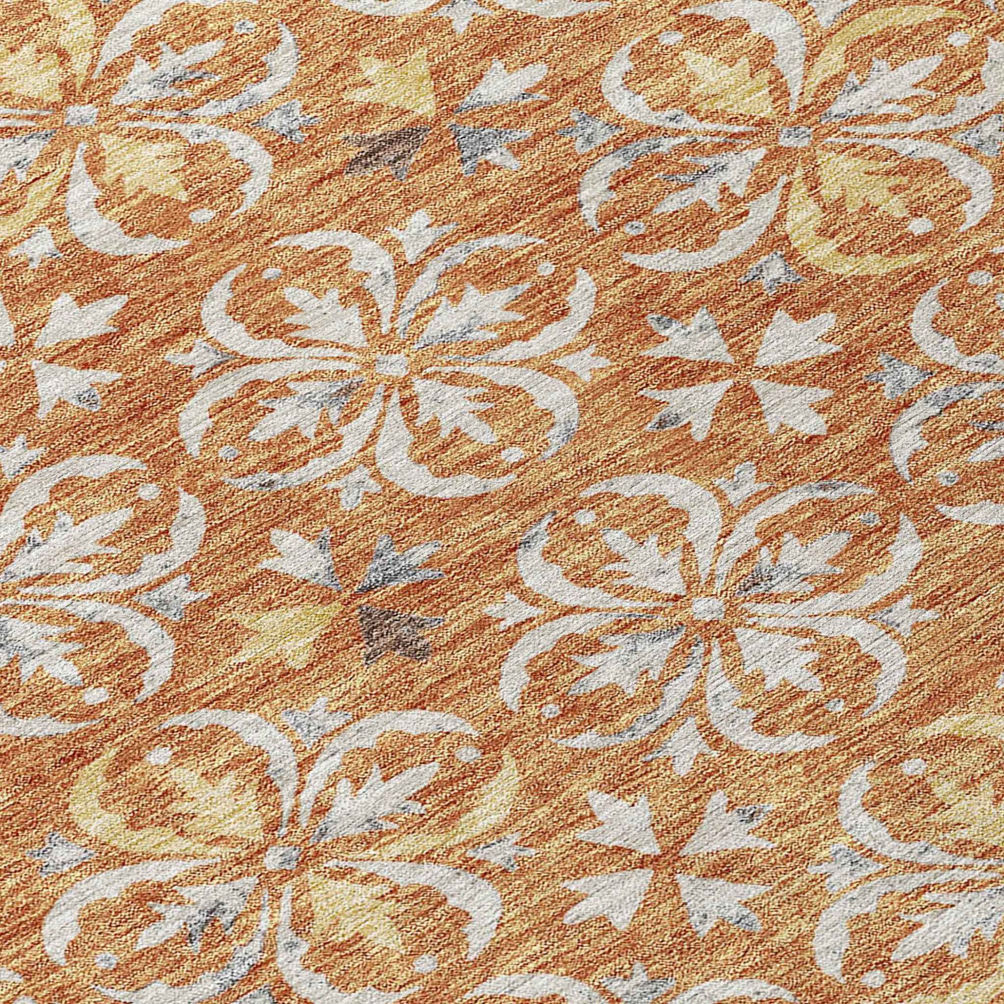 8' X 10' Copper Gray And Beige Floral Washable Indoor Outdoor Area Rug