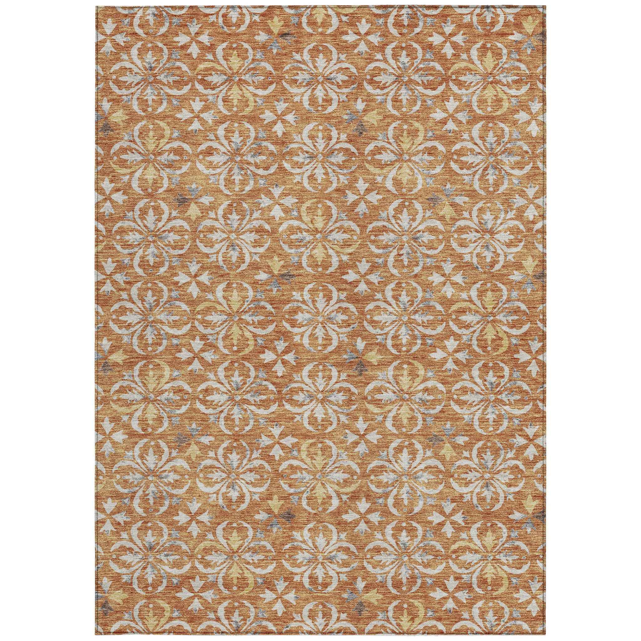 8' X 10' Copper Gray And Beige Floral Washable Indoor Outdoor Area Rug