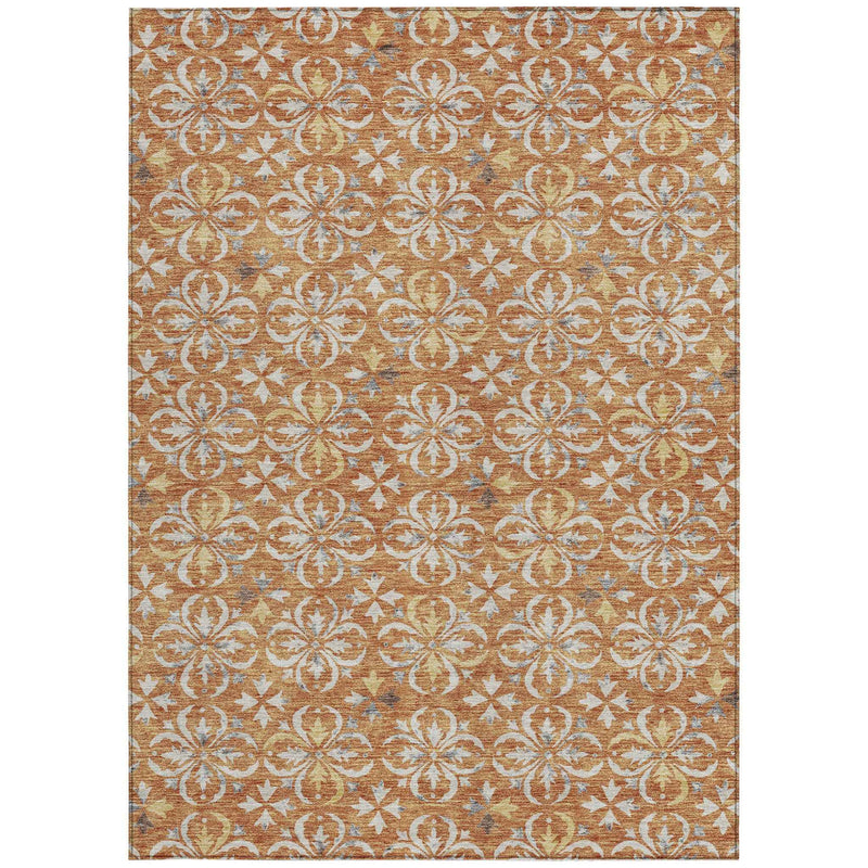 8' X 10' Copper Gray And Beige Floral Washable Indoor Outdoor Area Rug