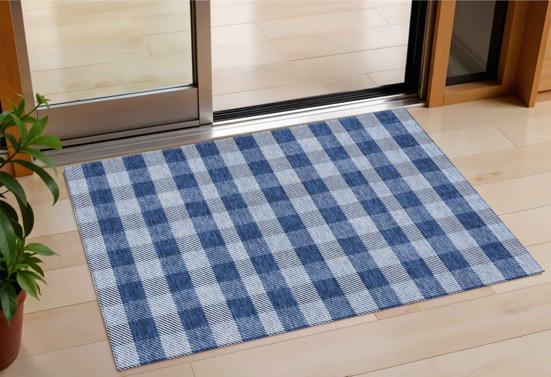 3' X 5' Navy Blue And Ivory Plaid Washable Indoor Outdoor Area Rug