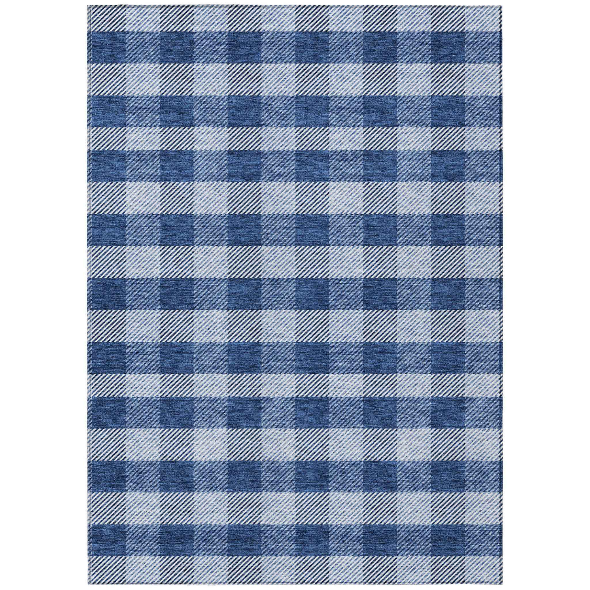 3' X 5' Navy Blue And Ivory Plaid Washable Indoor Outdoor Area Rug