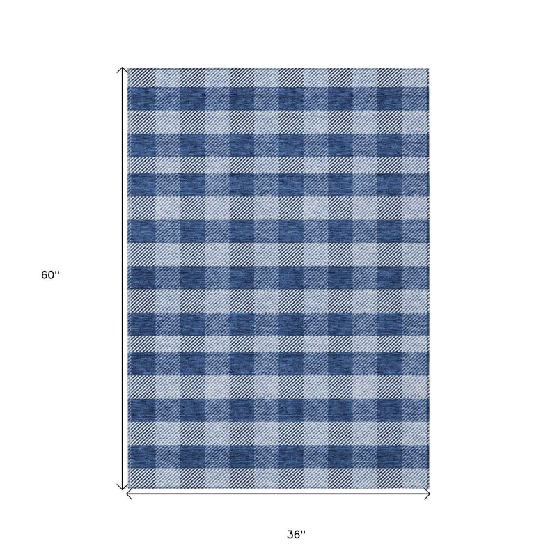 3' X 5' Navy Blue And Ivory Plaid Washable Indoor Outdoor Area Rug