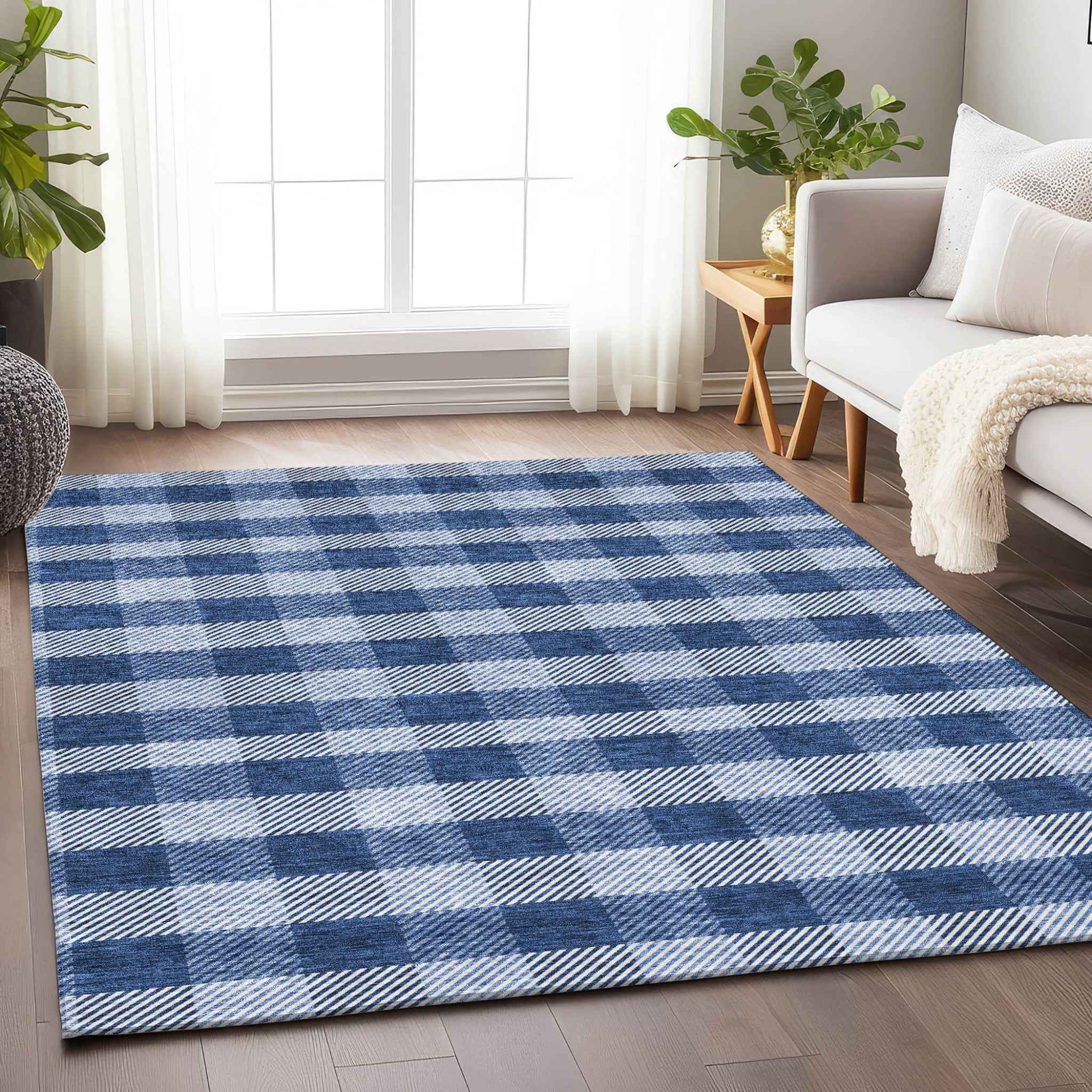 3' X 5' Navy Blue And Ivory Plaid Washable Indoor Outdoor Area Rug
