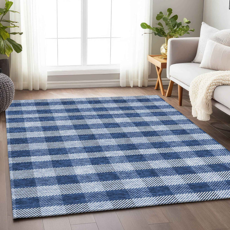 3' X 5' Navy Blue And Ivory Plaid Washable Indoor Outdoor Area Rug