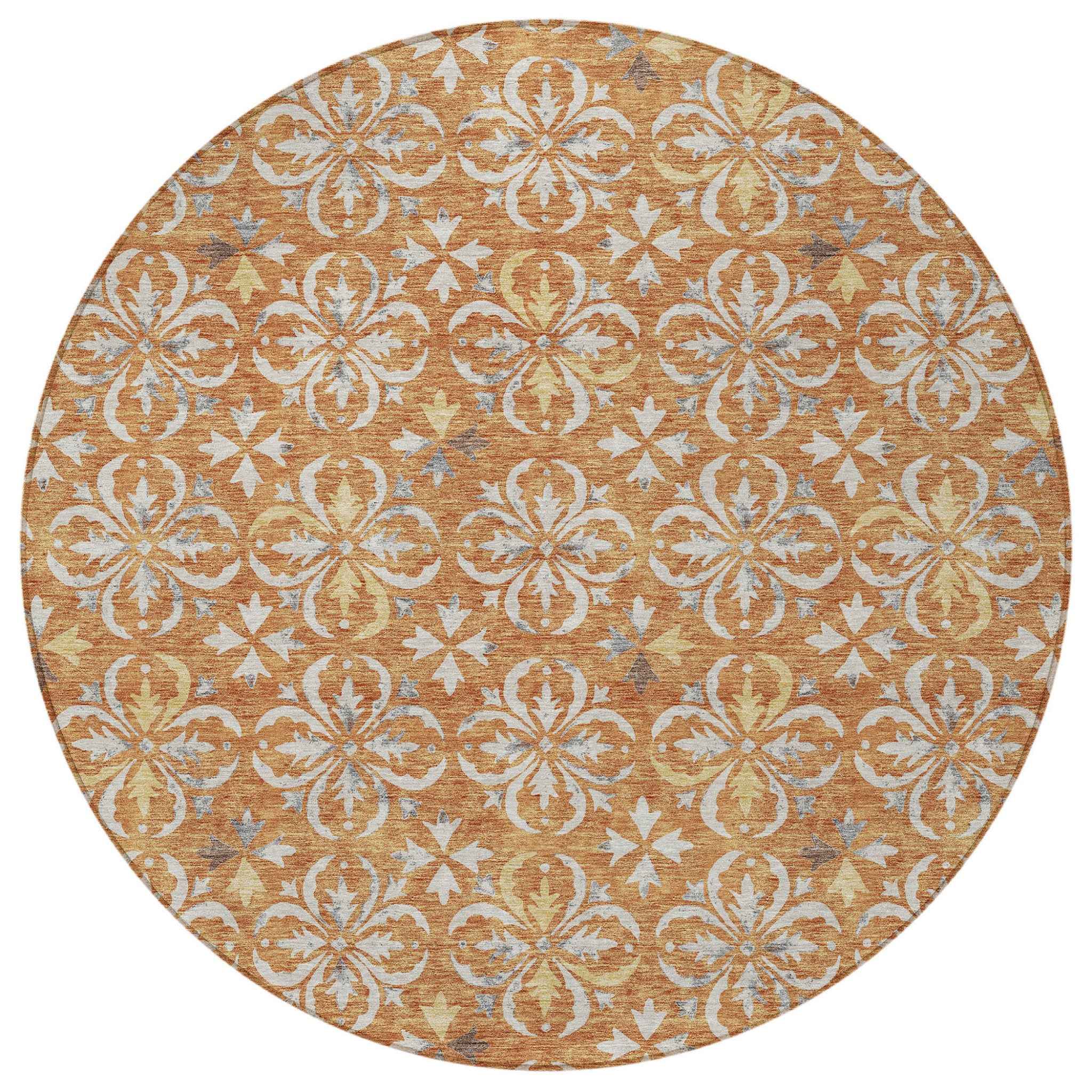 8' Copper Gray And Beige Round Floral Washable Indoor Outdoor Area Rug