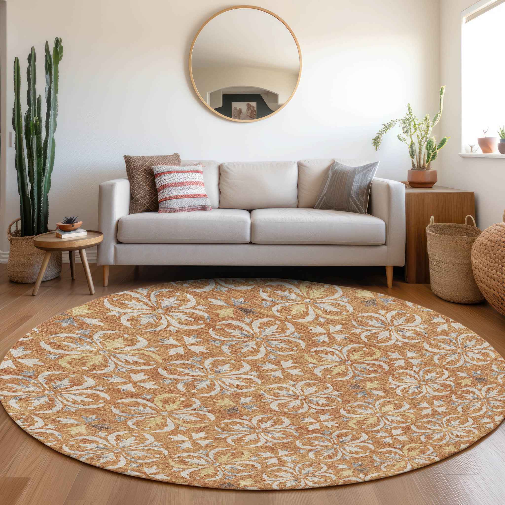 8' Copper Gray And Beige Round Floral Washable Indoor Outdoor Area Rug