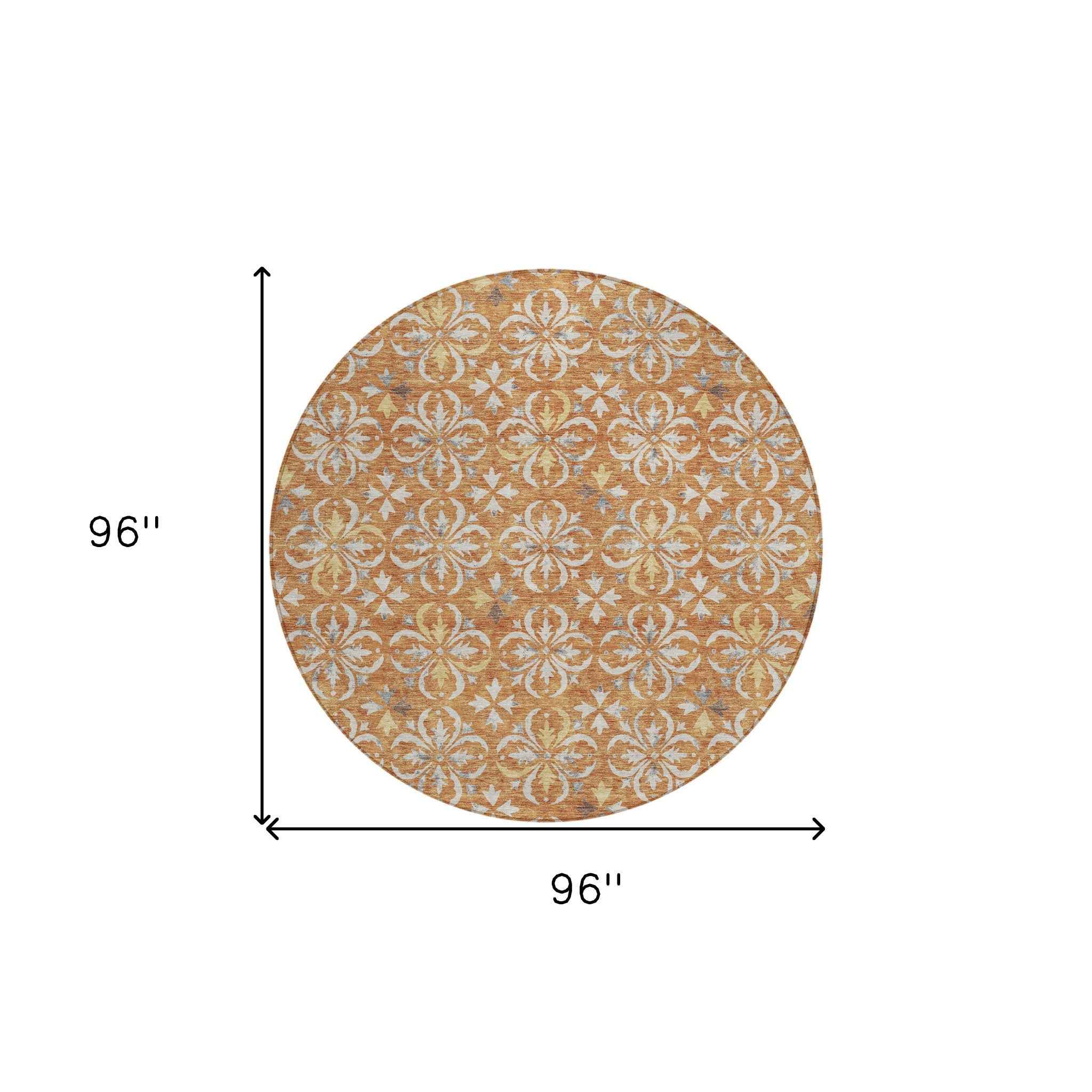 8' Copper Gray And Beige Round Floral Washable Indoor Outdoor Area Rug