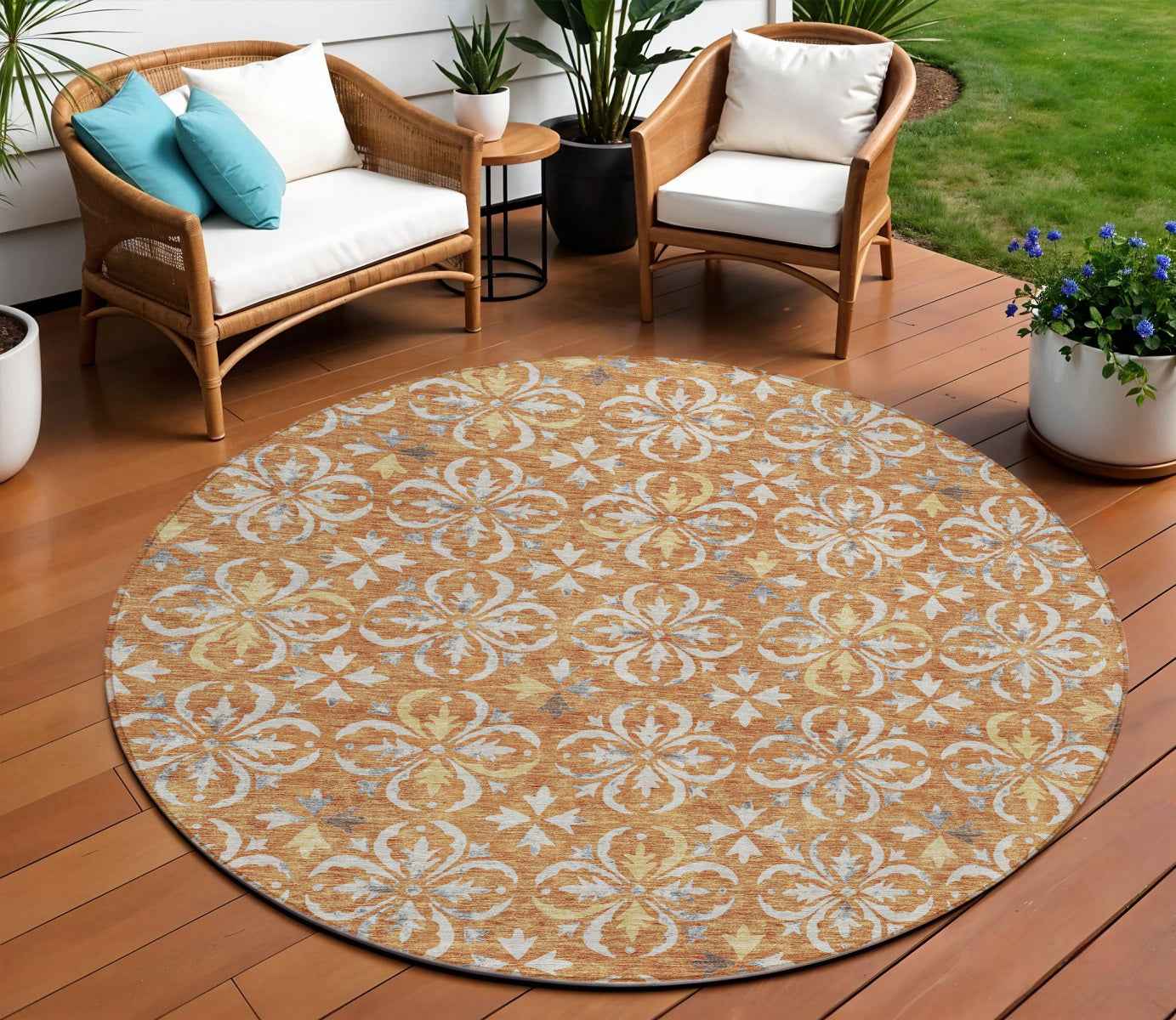 8' Copper Gray And Beige Round Floral Washable Indoor Outdoor Area Rug