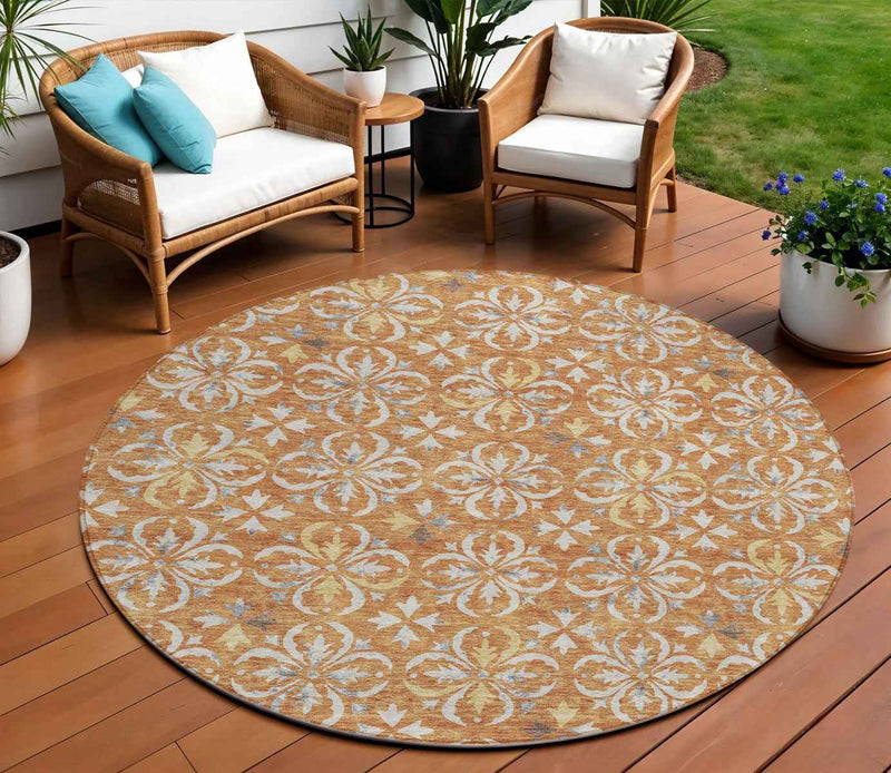 8' Copper Gray And Beige Round Floral Washable Indoor Outdoor Area Rug