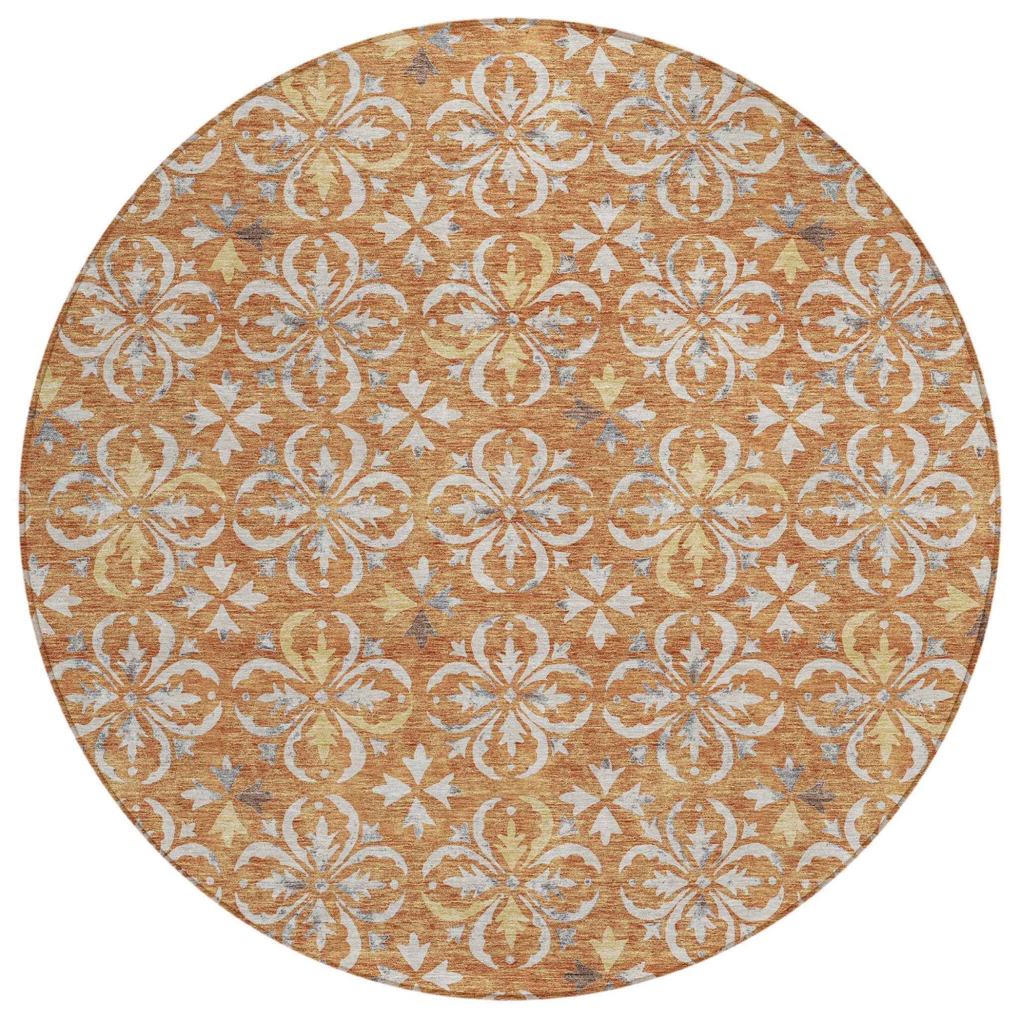 8' Copper Gray And Beige Round Floral Washable Indoor Outdoor Area Rug