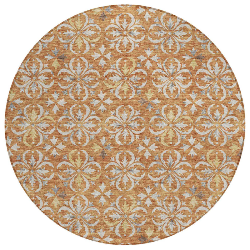 8' Copper Gray And Beige Round Floral Washable Indoor Outdoor Area Rug
