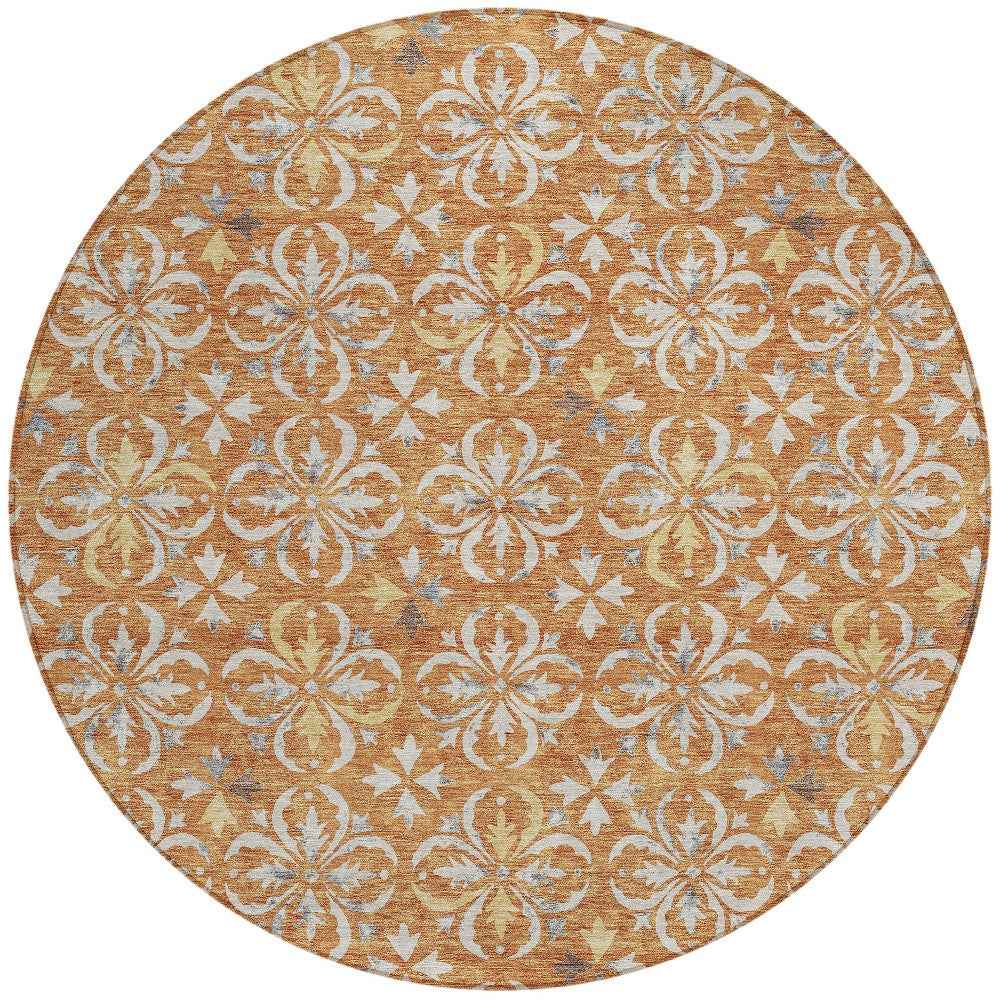 8' Copper Gray And Beige Round Floral Washable Indoor Outdoor Area Rug