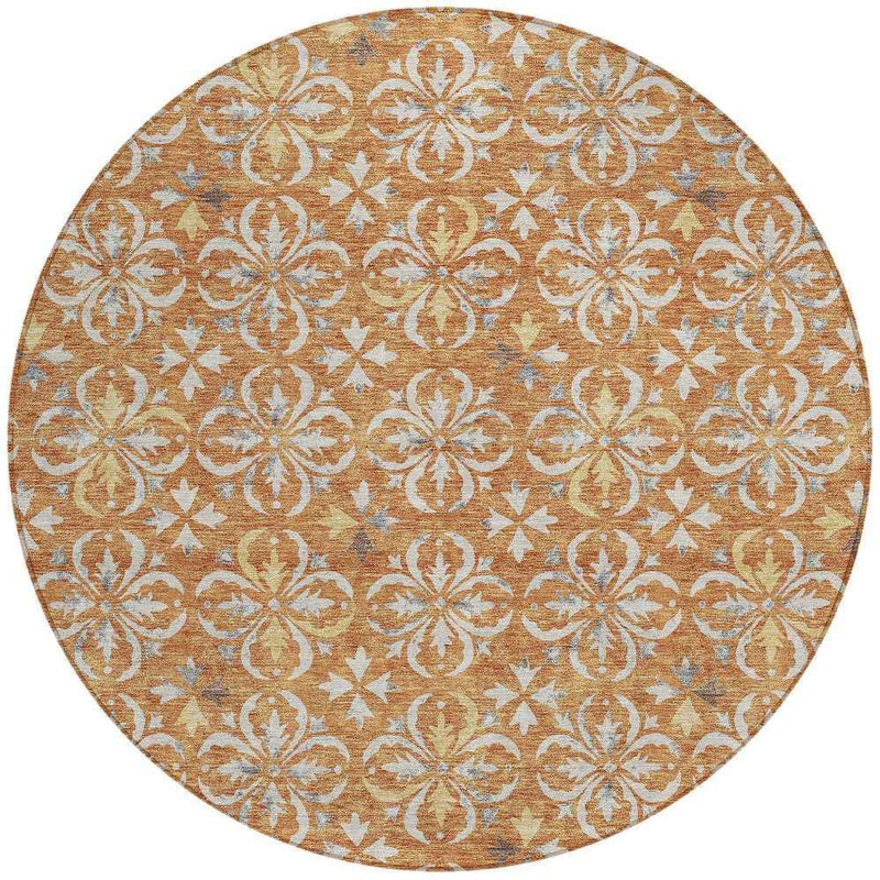8' Copper Gray And Beige Round Floral Washable Indoor Outdoor Area Rug