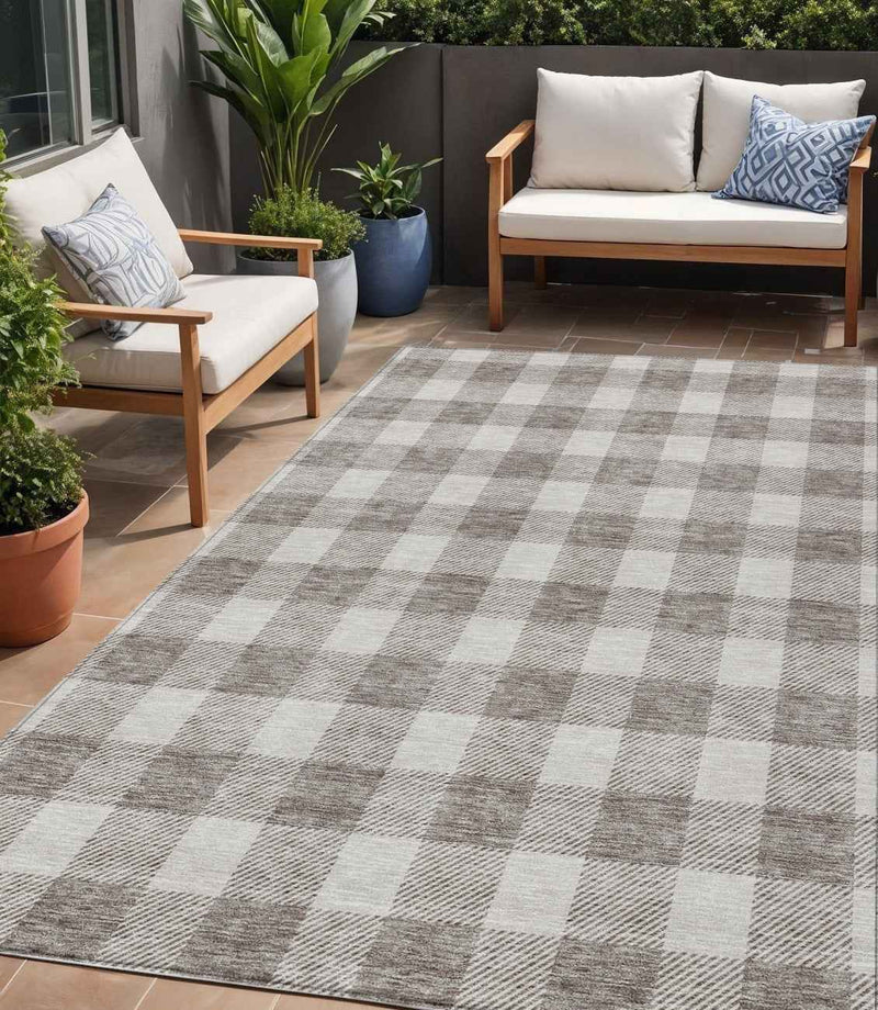 5' X 8' Taupe And Gray Plaid Washable Indoor Outdoor Area Rug