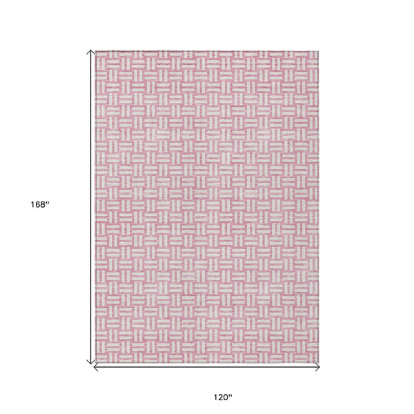 10' X 14' Pink And Ivory Geometric Washable Indoor Outdoor Area Rug